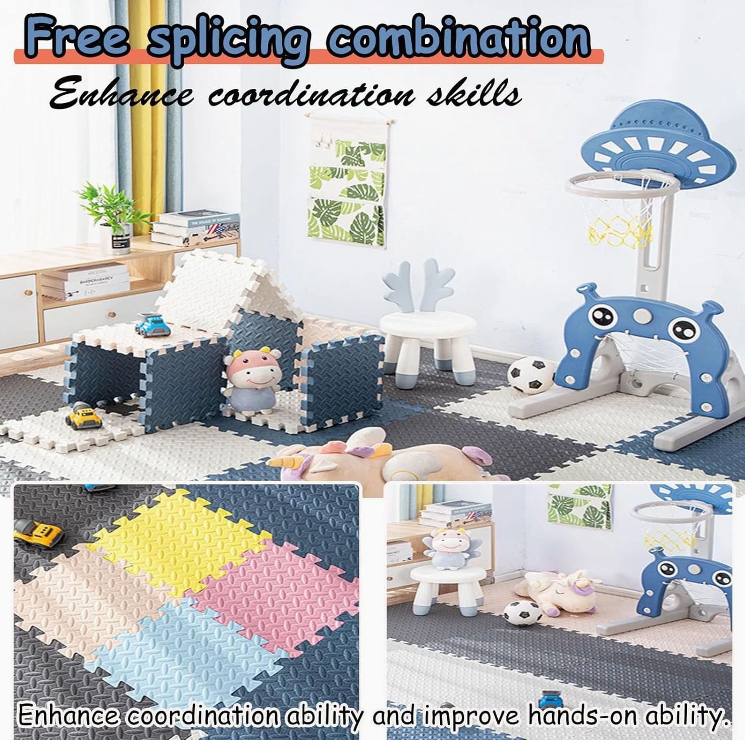 Lot de 16 Dalles en Mousse Souple imbriquées EVA 12 x 12 Pouces for Puzzle de Jeu en Mousse, Tapis de Sol découpable à Faire soi-même, Tapis d'exercice de Gymnastique(Navy Blue+Yellow)