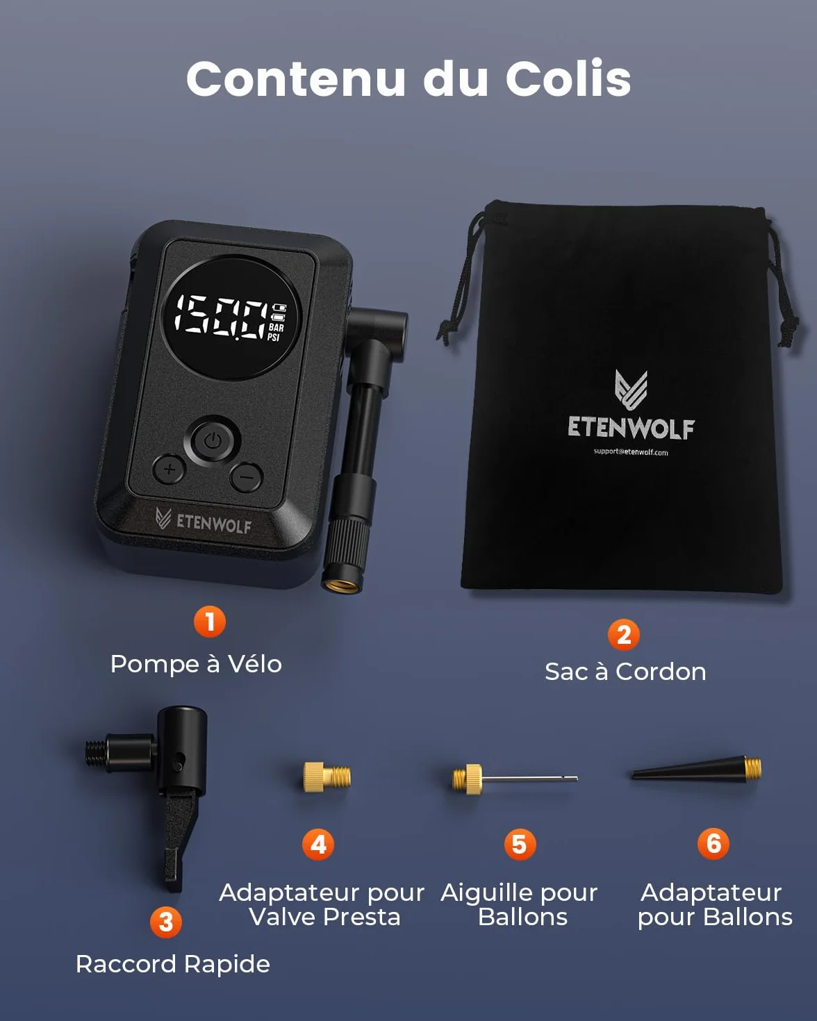 ETENWOLF Pompe à vélo électrique 10,34 Bar Portable avec valves Presta et Schrader