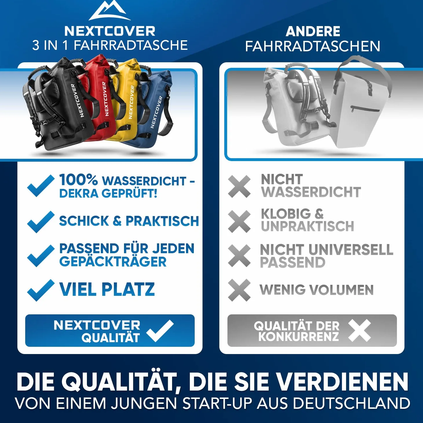 Nextcover® Aquashield Sacoche de vélo 3 en 1 pour porte-bagages - Sac à dos et sac à bandoulière - 25 l - Étanche