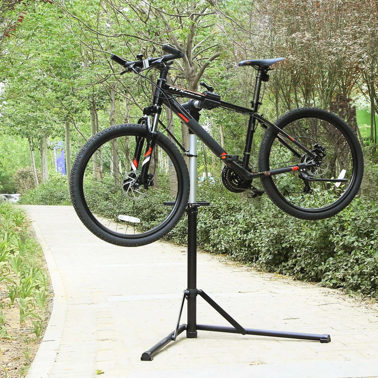 SONGMICS Support de réparation de vélo, Pieds d’Atelier, en Aluminium, avec Plateau à Outils magnétique, Réglable, Léger, Portatif, pour Entretien et Réparation Bicyclette, Noir SBR04B