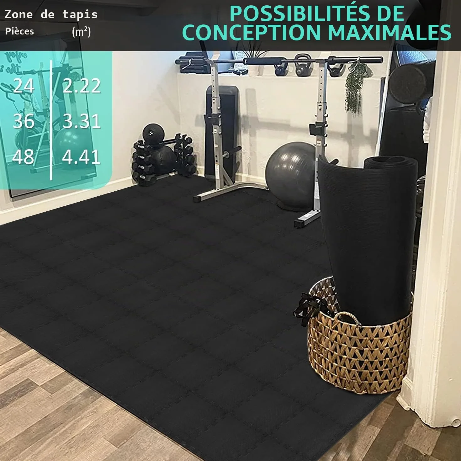 Tapis de sol Fitness EVA antidérapant 31x31cm 24 Tapis Noir