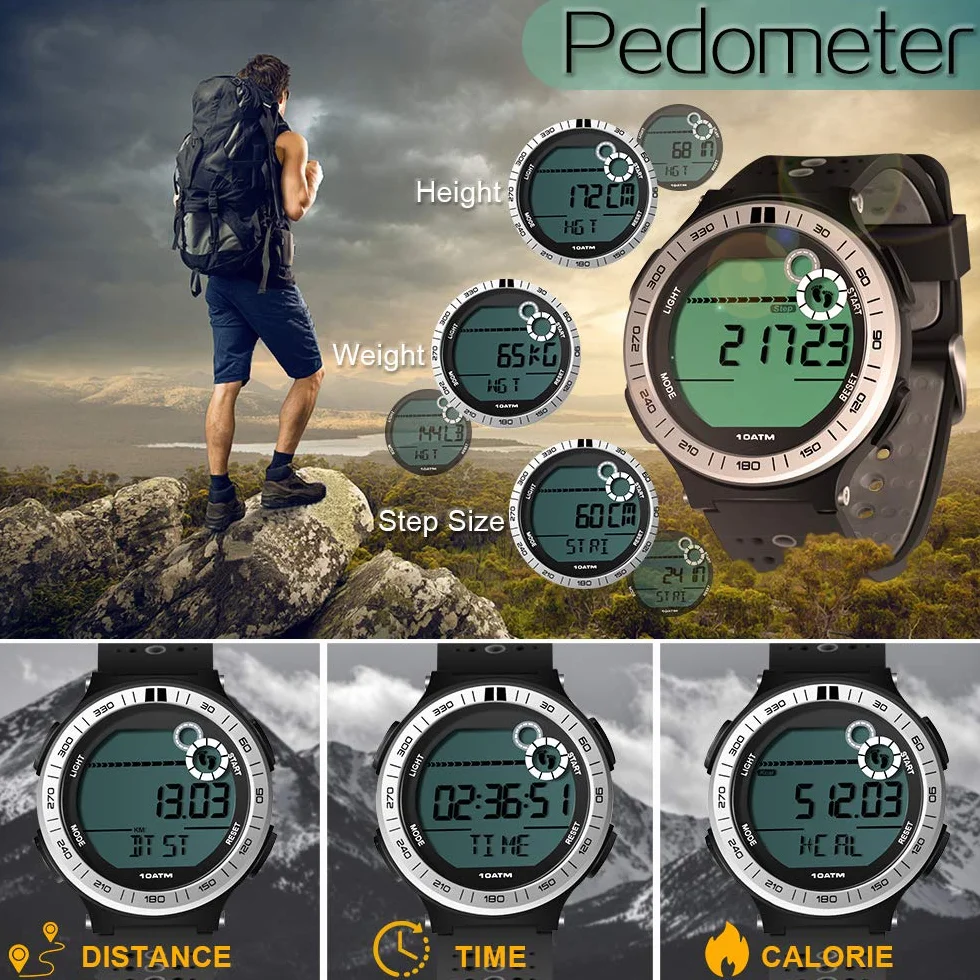 Montre Sport Homme Etanche 100 Mètres Pédomètre Chronomètre Réveil Calendrier Rétroéclairage