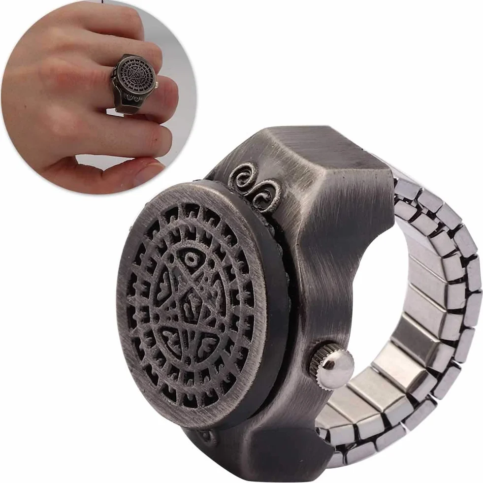 Pongnas Ring Watch Vintage Quartz Horloge à Doigt Flip Up Couvercle Hommes