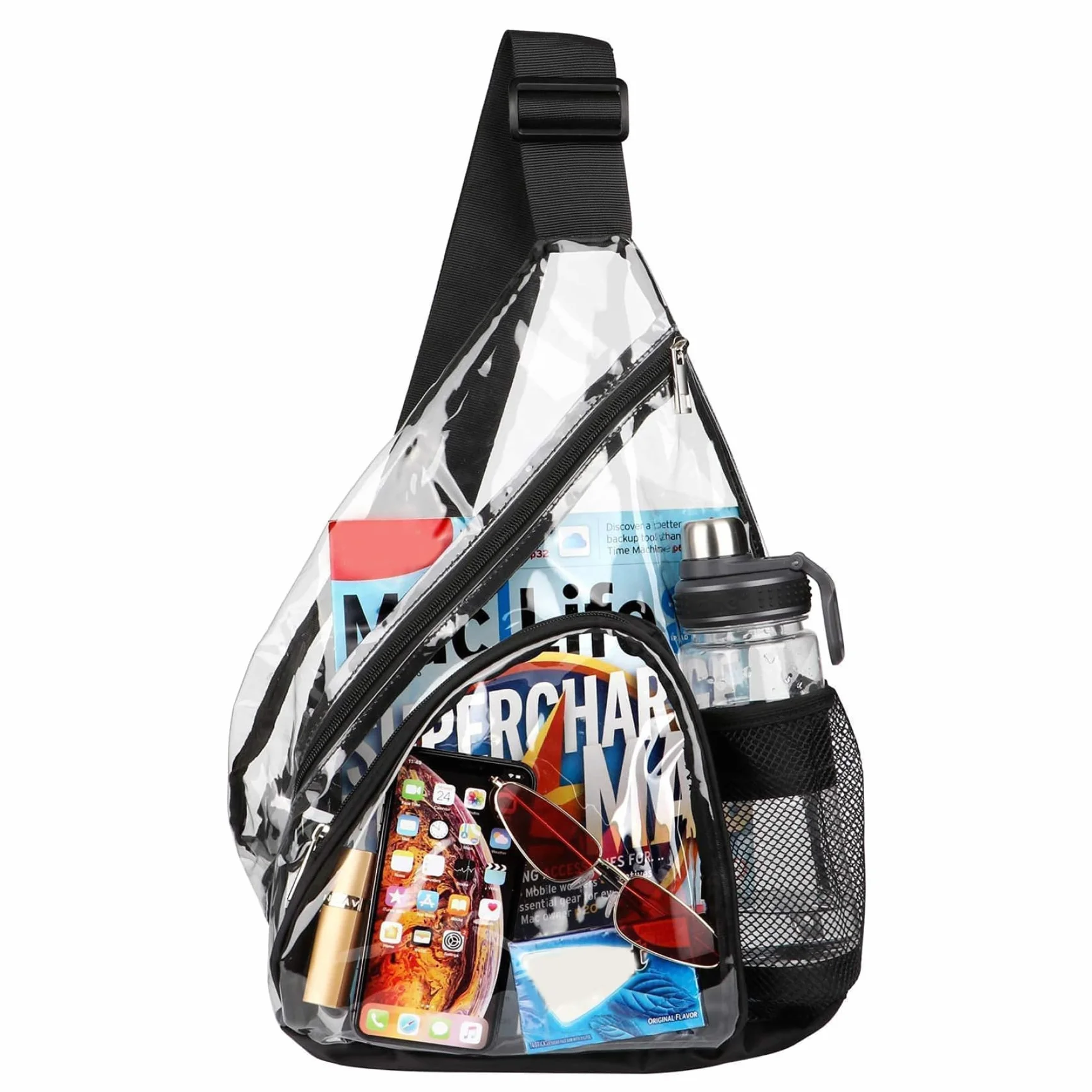 Transparent Stadium Approved PVC Crossbody Bag with Water Bottle Pocket for Concert