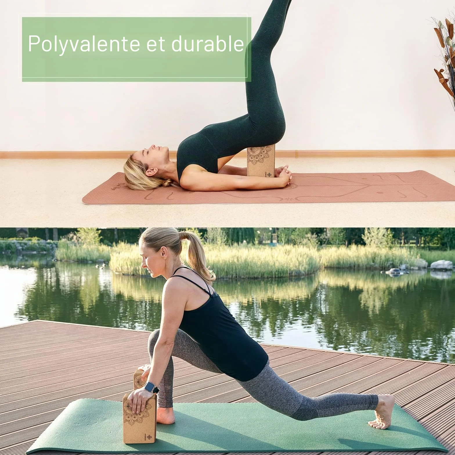 Overmont Blocs de yoga en liège Lot de 2 avec sangle 23 x 15 x 7,6 cm pour yoga pilates fitness