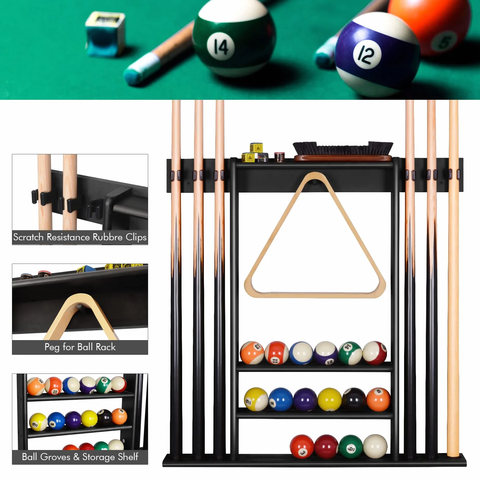 Support de Queue de Billard Mural Bois Massif 6 Trous 15 Porte-balles