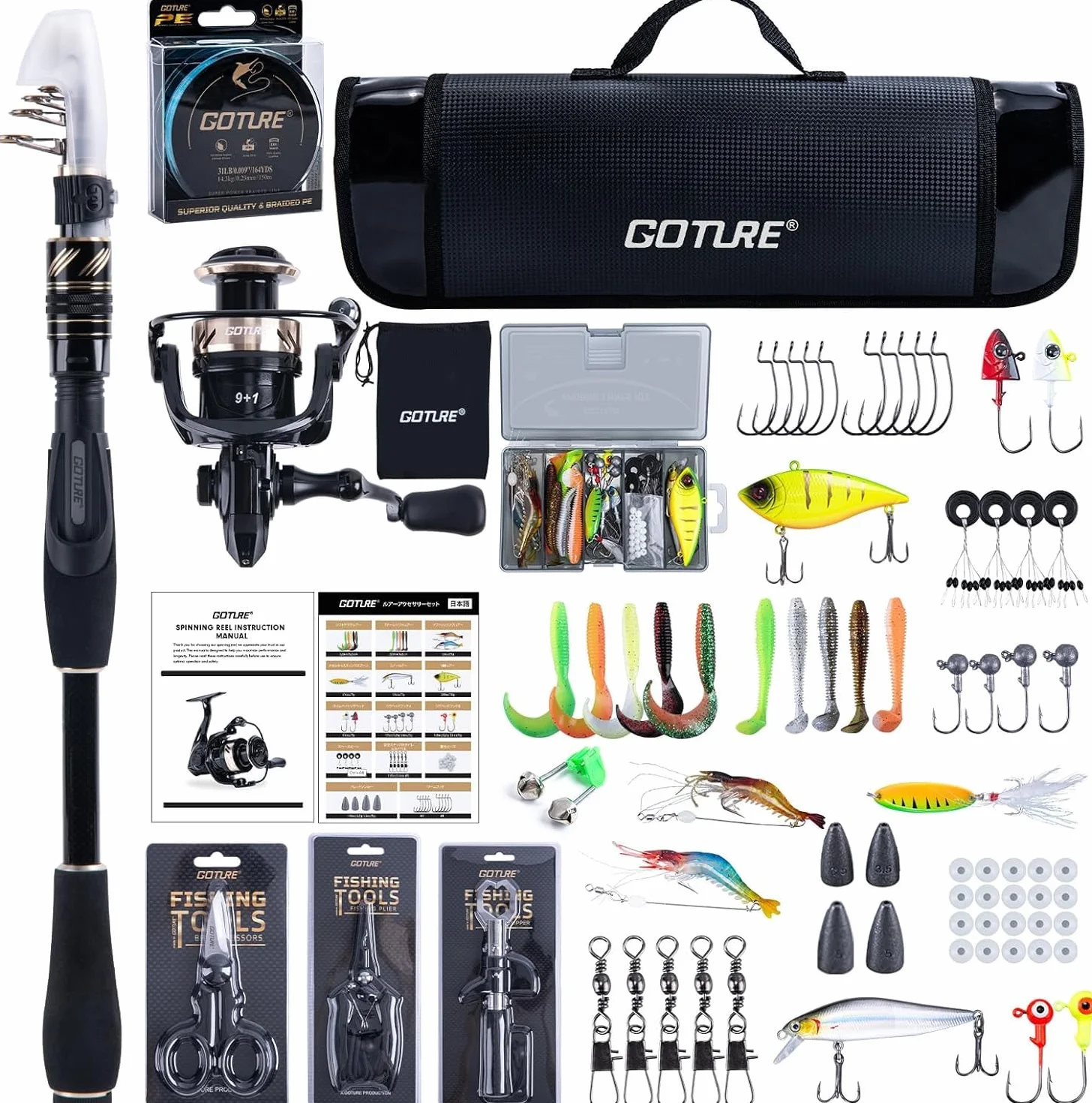 Goture Ensemble de pêche télescopique Carbone 24T 1,8 m 2,1 m 2,4 m 2,7 m Moulinet 5,2:1 Ligne 150 m 14 kg