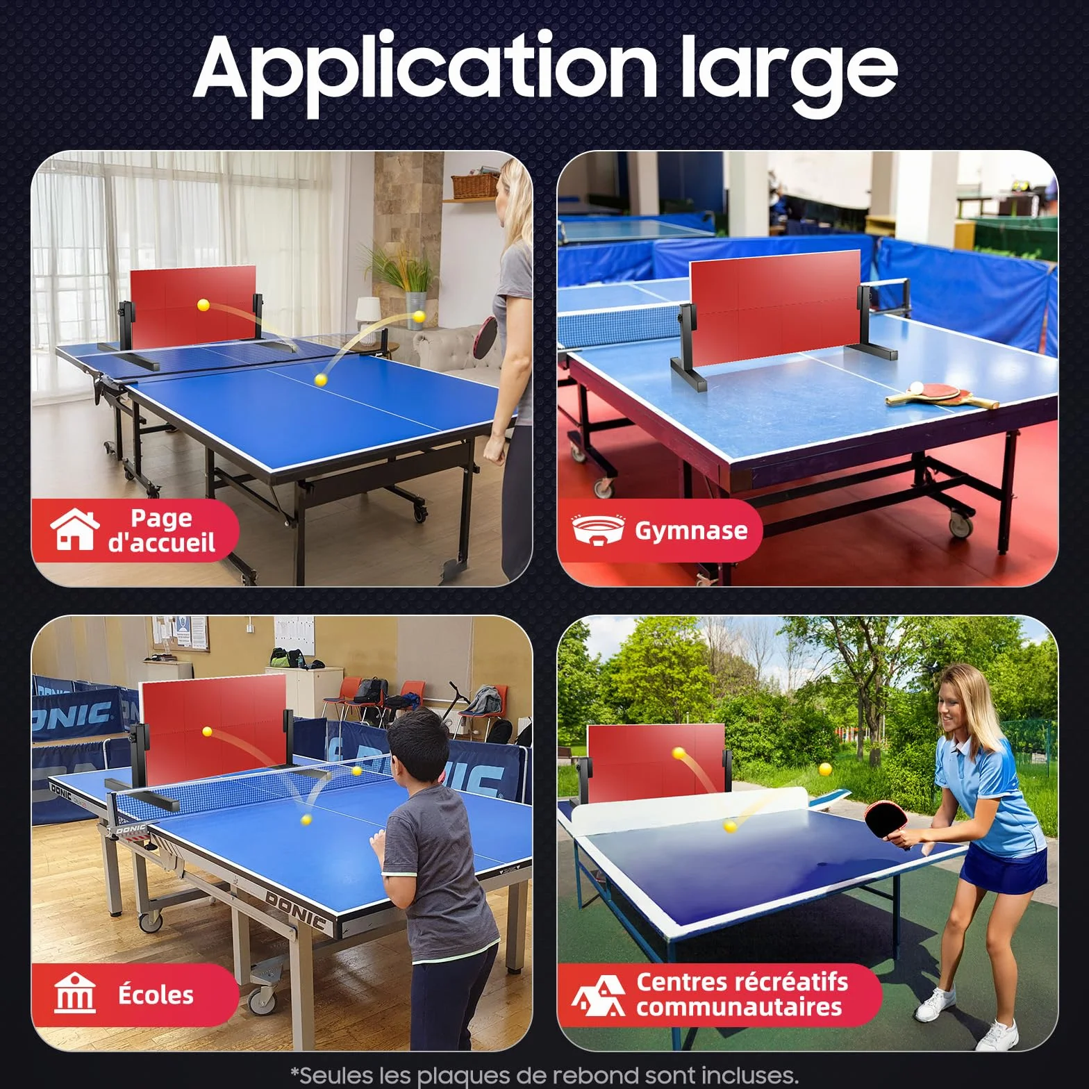 Entraîneur de tennis de table, angle réglable à 360°, 8 blocs en caoutchouc, grande zone d'exercice, tennis de table, planche de rebond avec 7 couches de bois, planche de rebond en acier pour