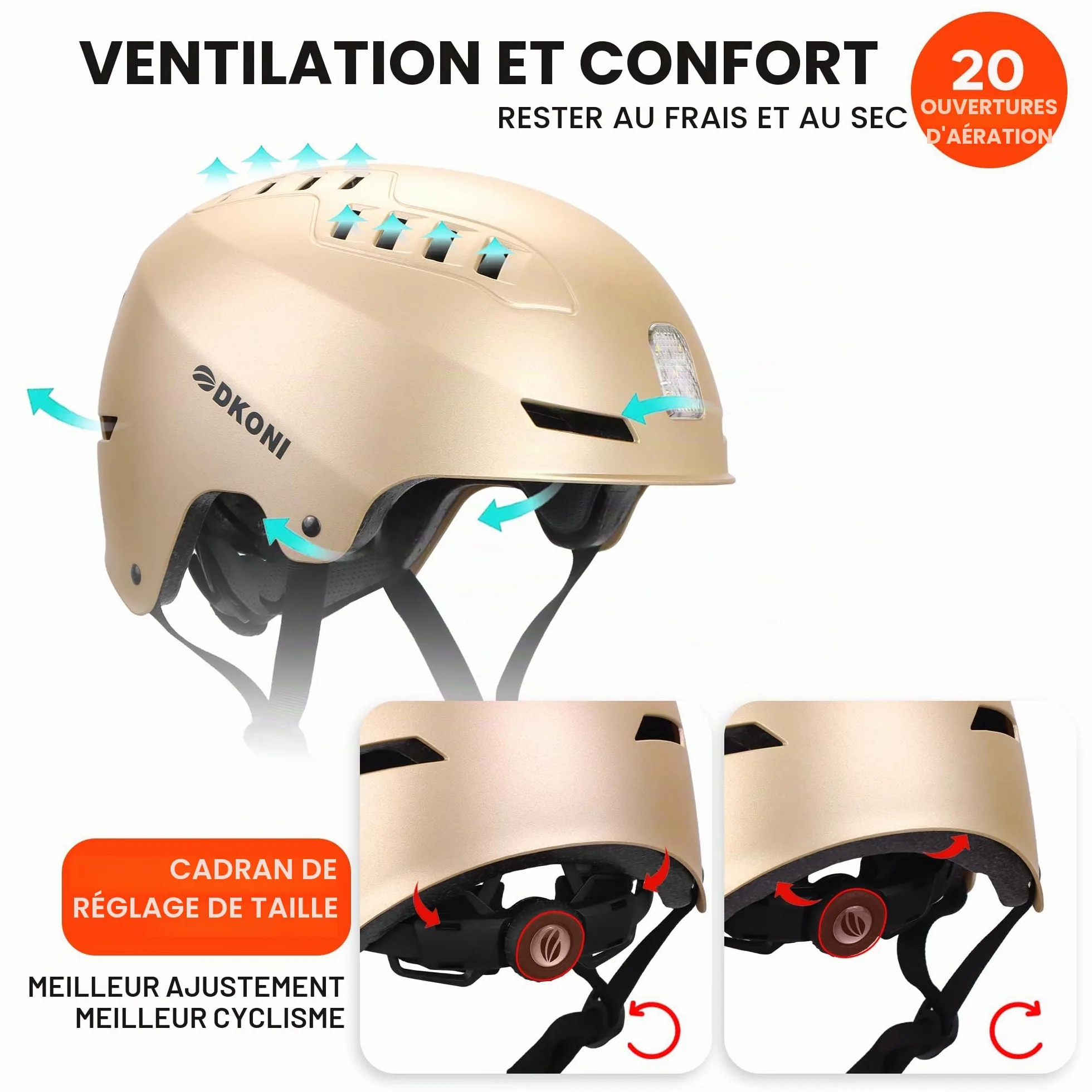 DKONI Casque de vélo avec lumières LED - Casque de vélo rechargeable par USB - Avec lumière LED avant et arrière - Pour homme et femme