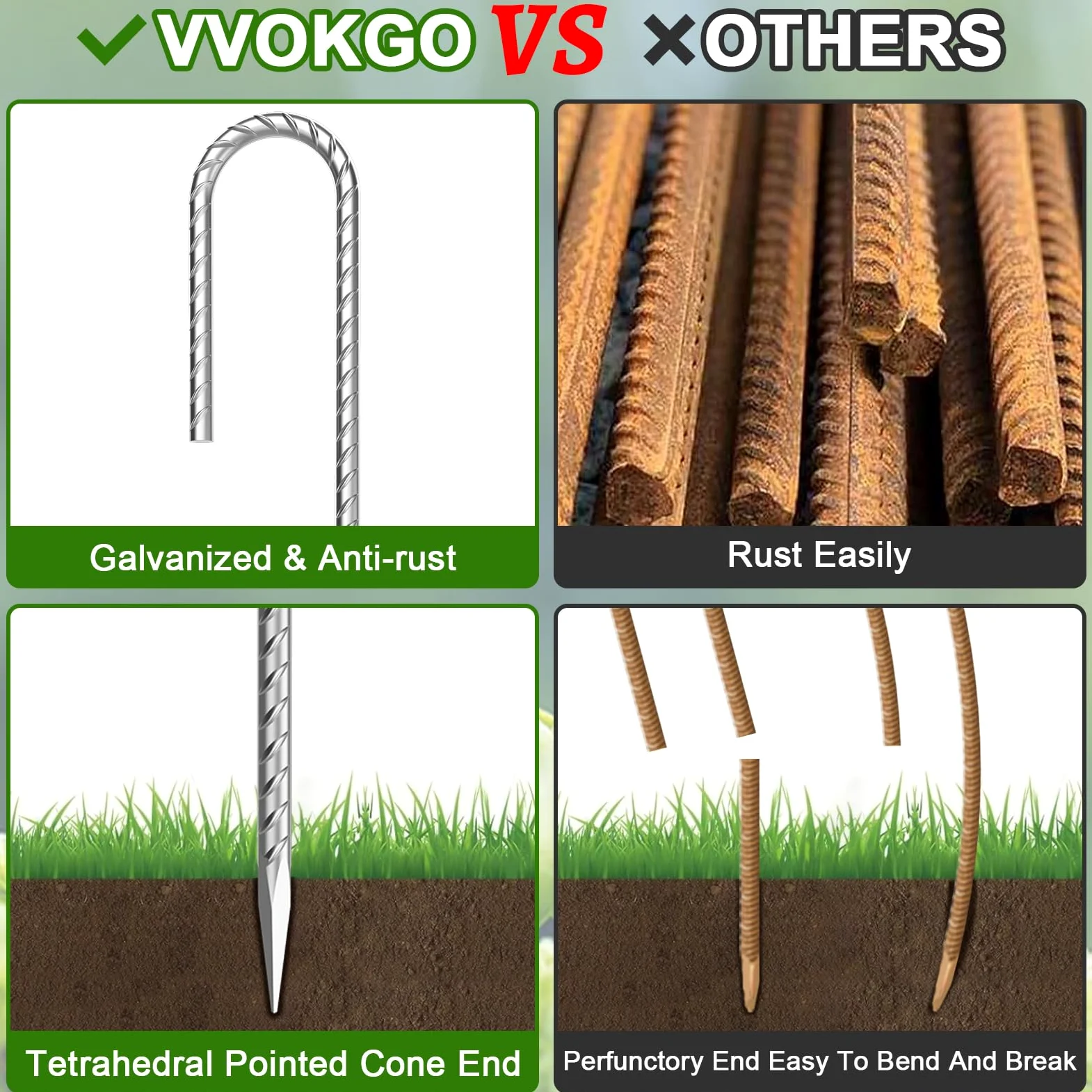 VVOKGO Rebar-Stakes-Lot de 20 piquets de Tente galvanisés très résistants de 30,5 cm avec extrémité biseautée pour Maison rebondissante, tentes de Camping, décorations gonflables d'extérieur