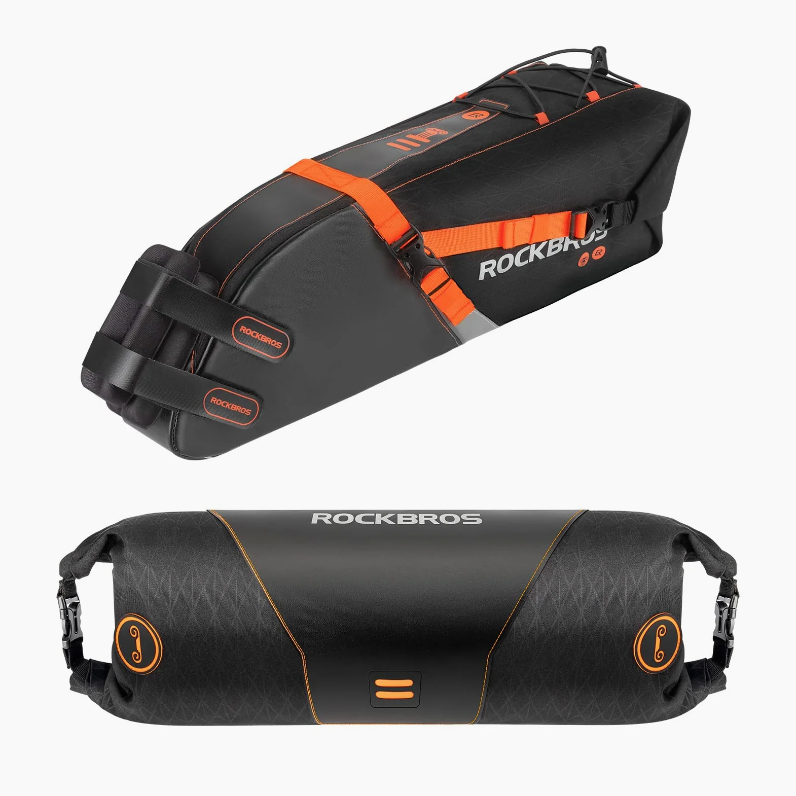 ROCKBROS Set de Sacoche de Vélo : Sacoche de Guidon + Sacoche de Selle, Bikepacking 3,5L + 10L Grande Capacité Étanche, Noir Orange