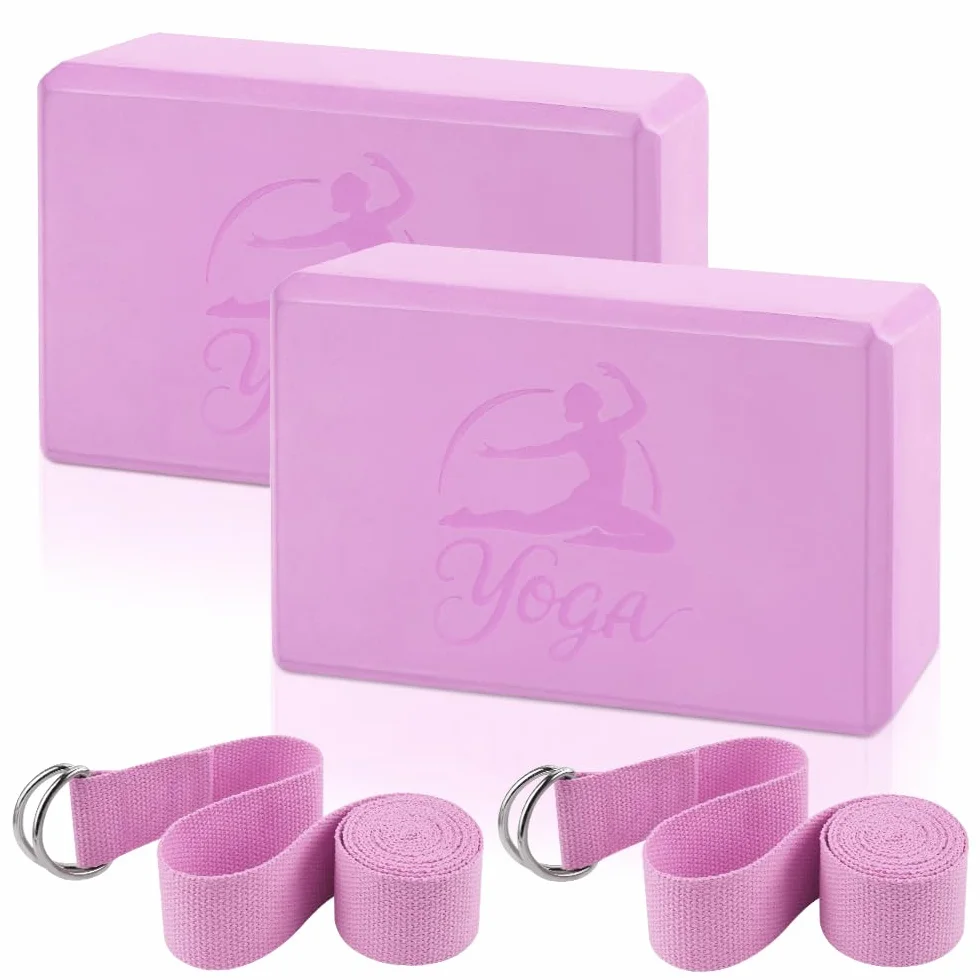 Lot de 2 blocs de yoga et 2 sangles de yoga - Blocs de mousse EVA antidérapants - Accessoire de yoga sans latex