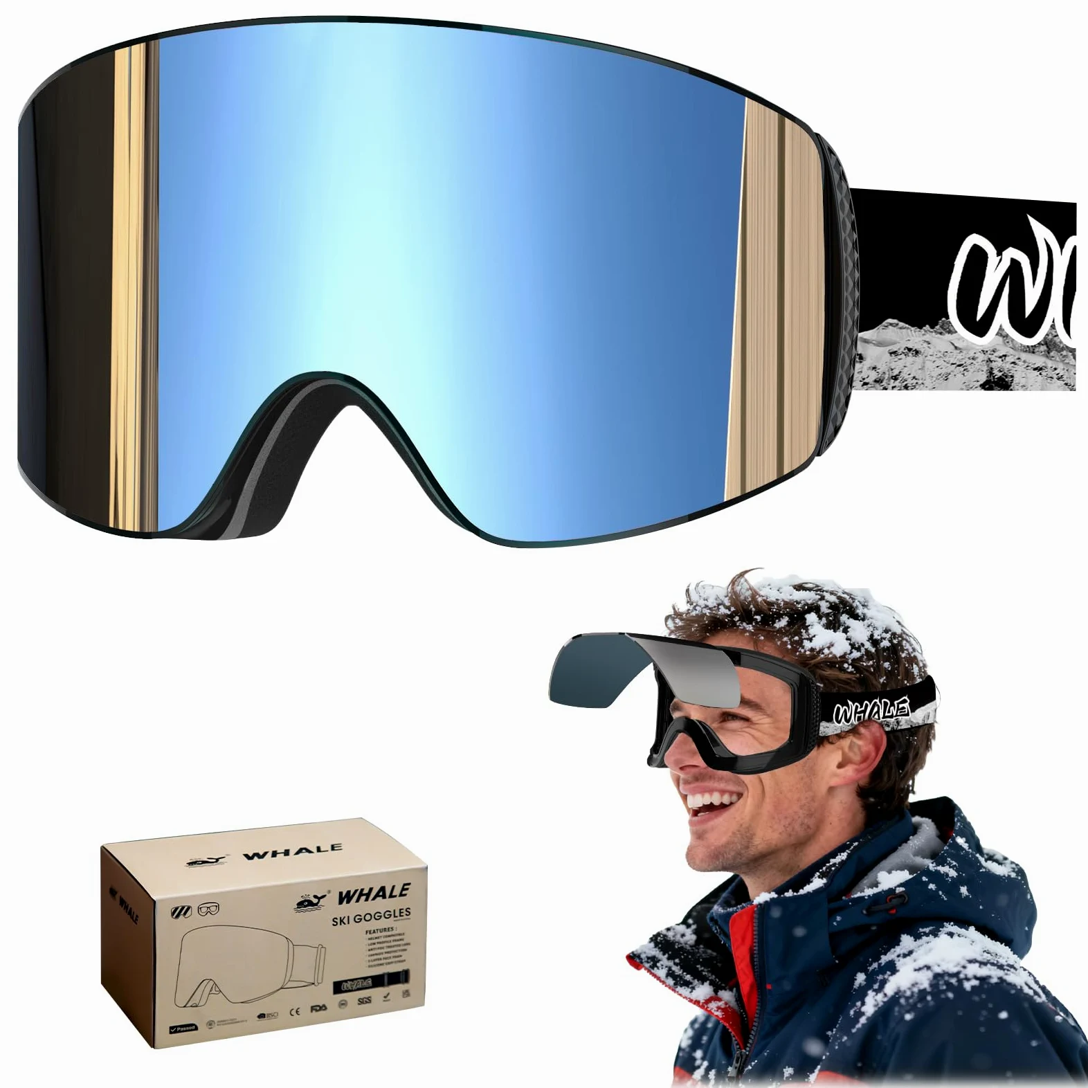 Whale Lunettes de ski à rabat magnétique pour homme, femme et adolescent - Protection UV 100 %