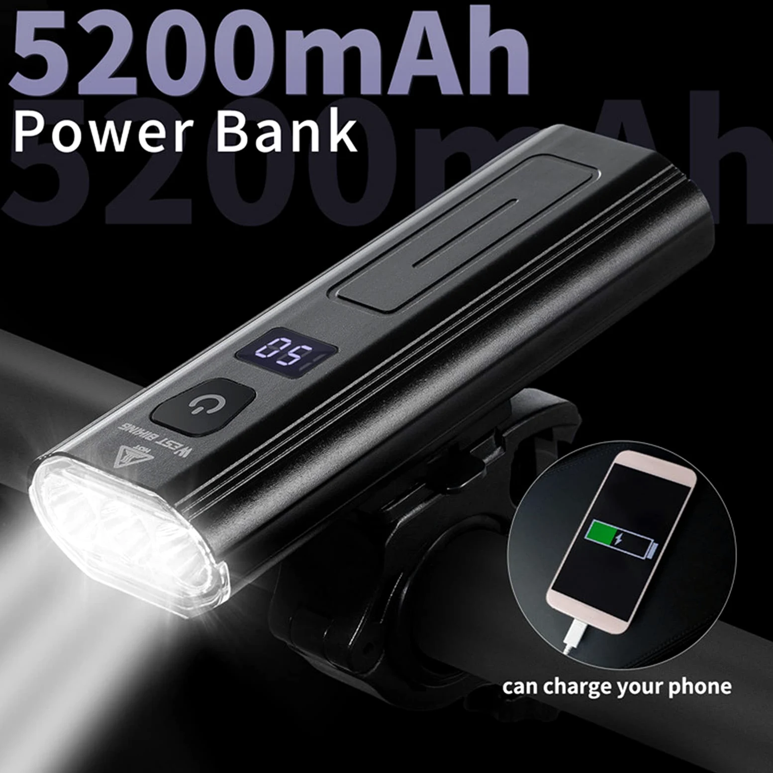 Lumière de Vélo 3 LED Affichage de la Batterie USB Phare Rechargeable Étanche Vélo Avant Lampe Batterie Externe