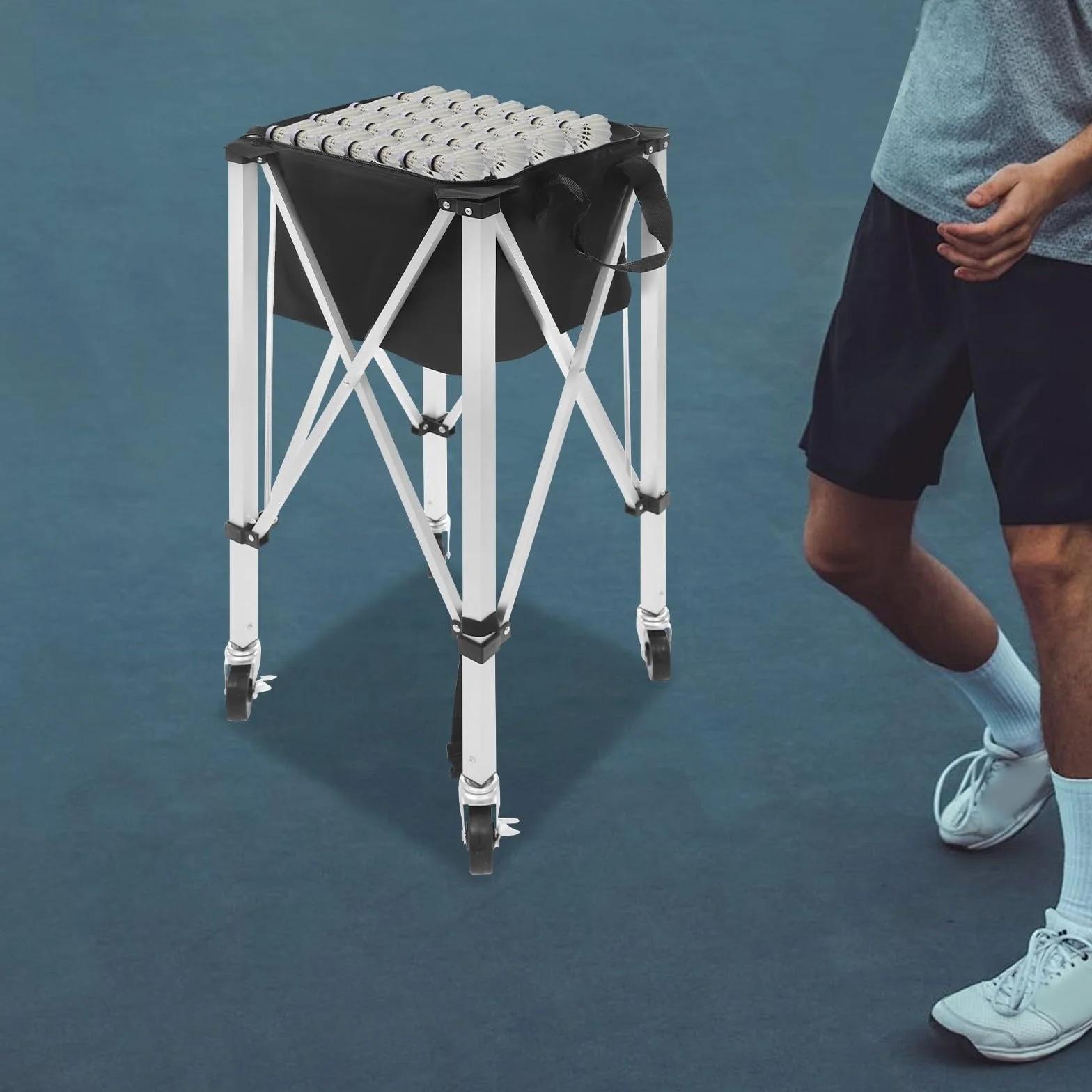 Panier à balles de tennis pliable avec roues pour balles de 150 à 170 balles en aluminium Oxford pour courts de tennis, écoles, parcs à la maison, avec poignée de transport pratique
