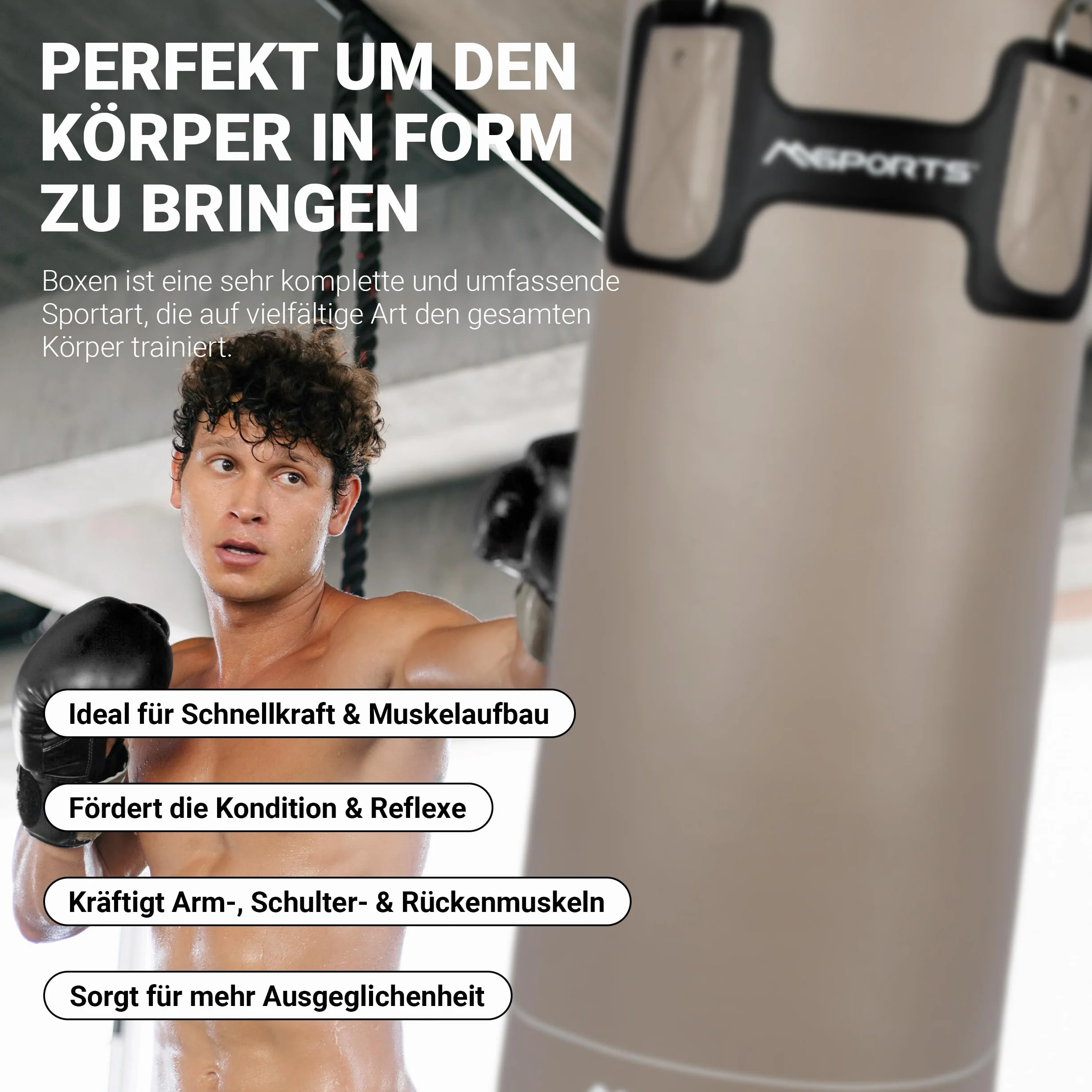 MSPORTS Punch Bag Set Premium 80 × 30 cm – Sac de frappe 25 kg + gants de boxe & bandages – Entraînement de boxe, kickboxing et fitness à la maison ou en studio