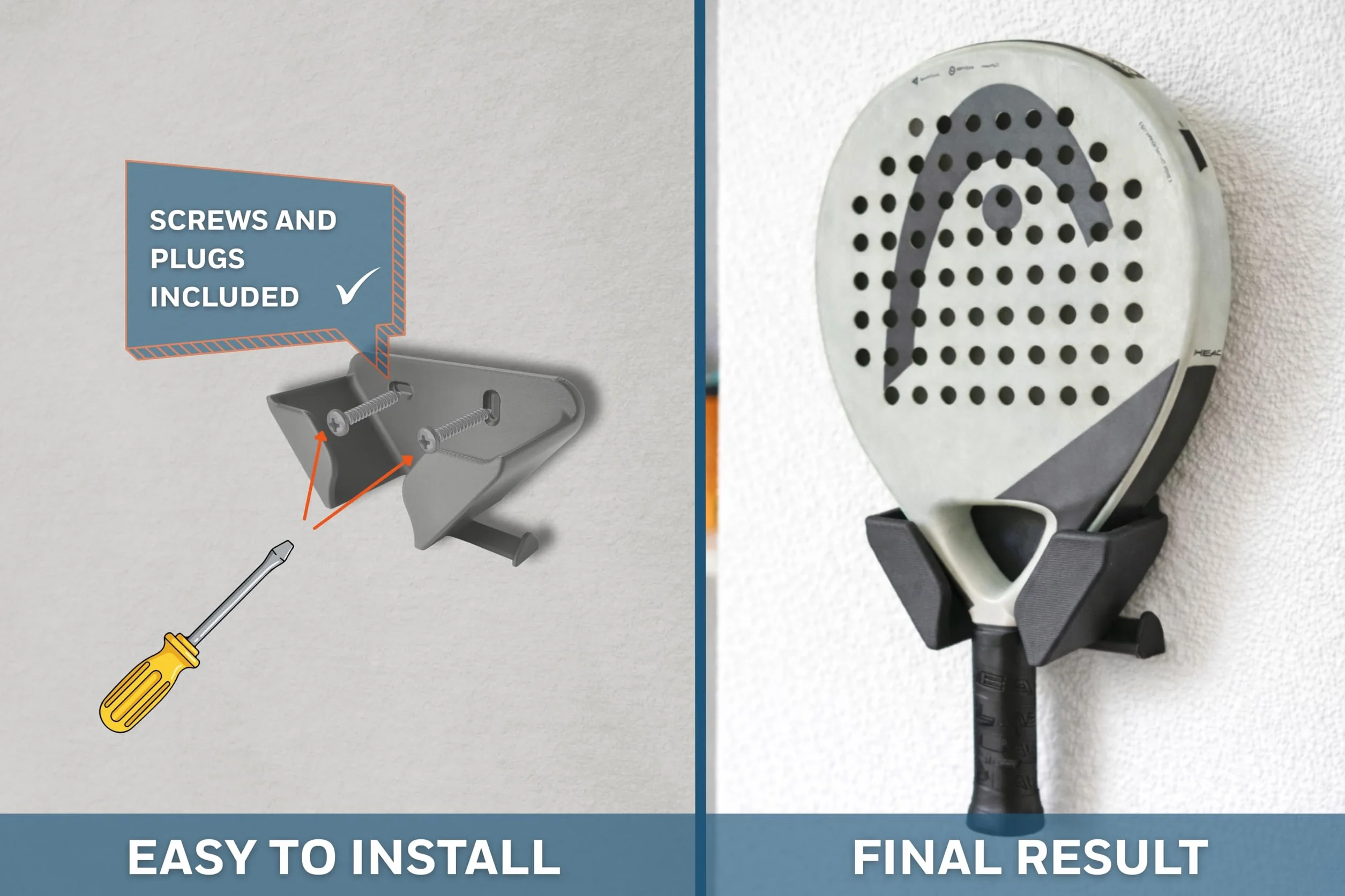 Support mural pour raquette de padel et tennis – Porte raquette murale confortable et anti-rayures – Convient à toutes les raquettes standard – Gain de place résistant avec vis et chevilles