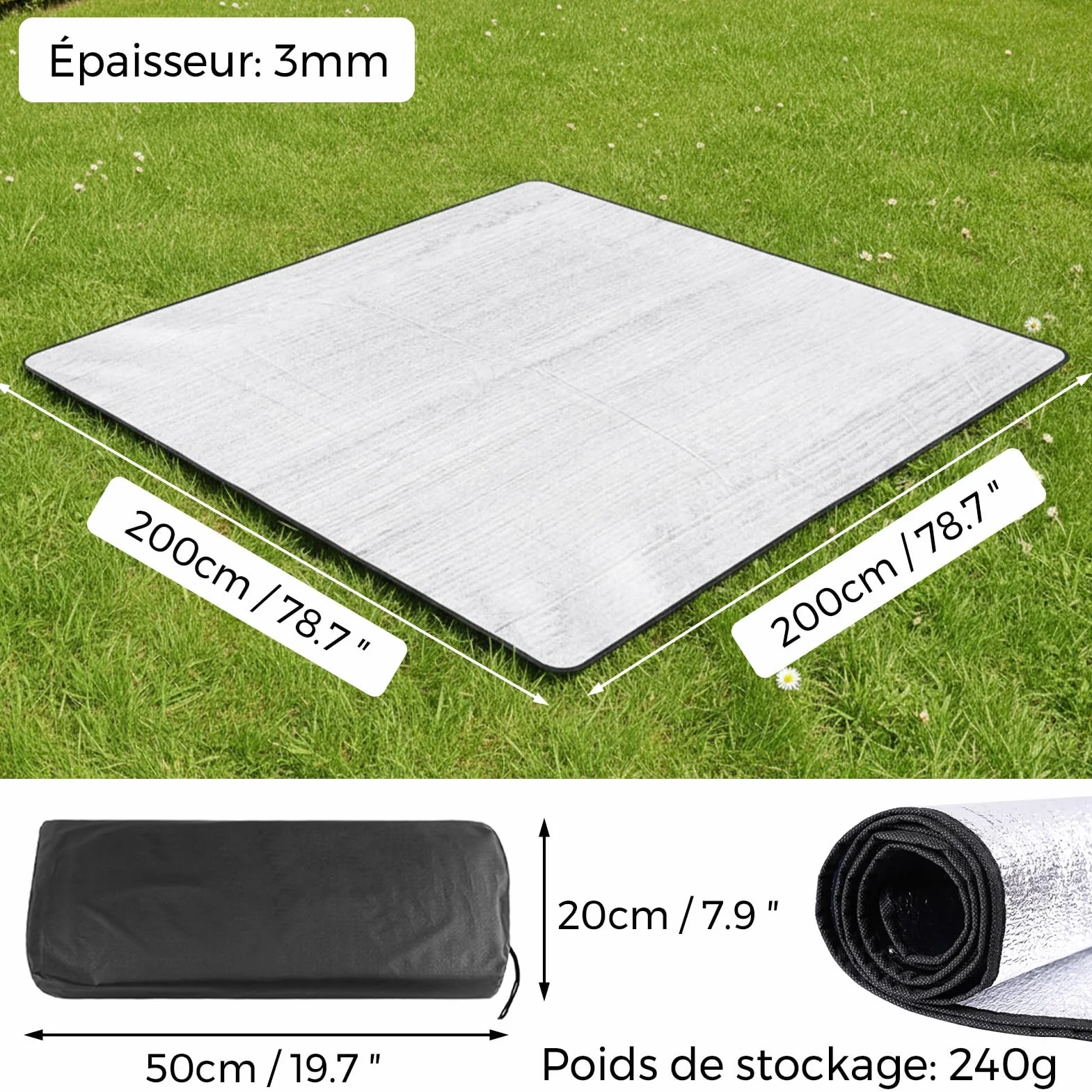 Tapis Isolant Camping Aluminium Pliable 200 x 200 cm Étanche Thermique Anti-Humidité