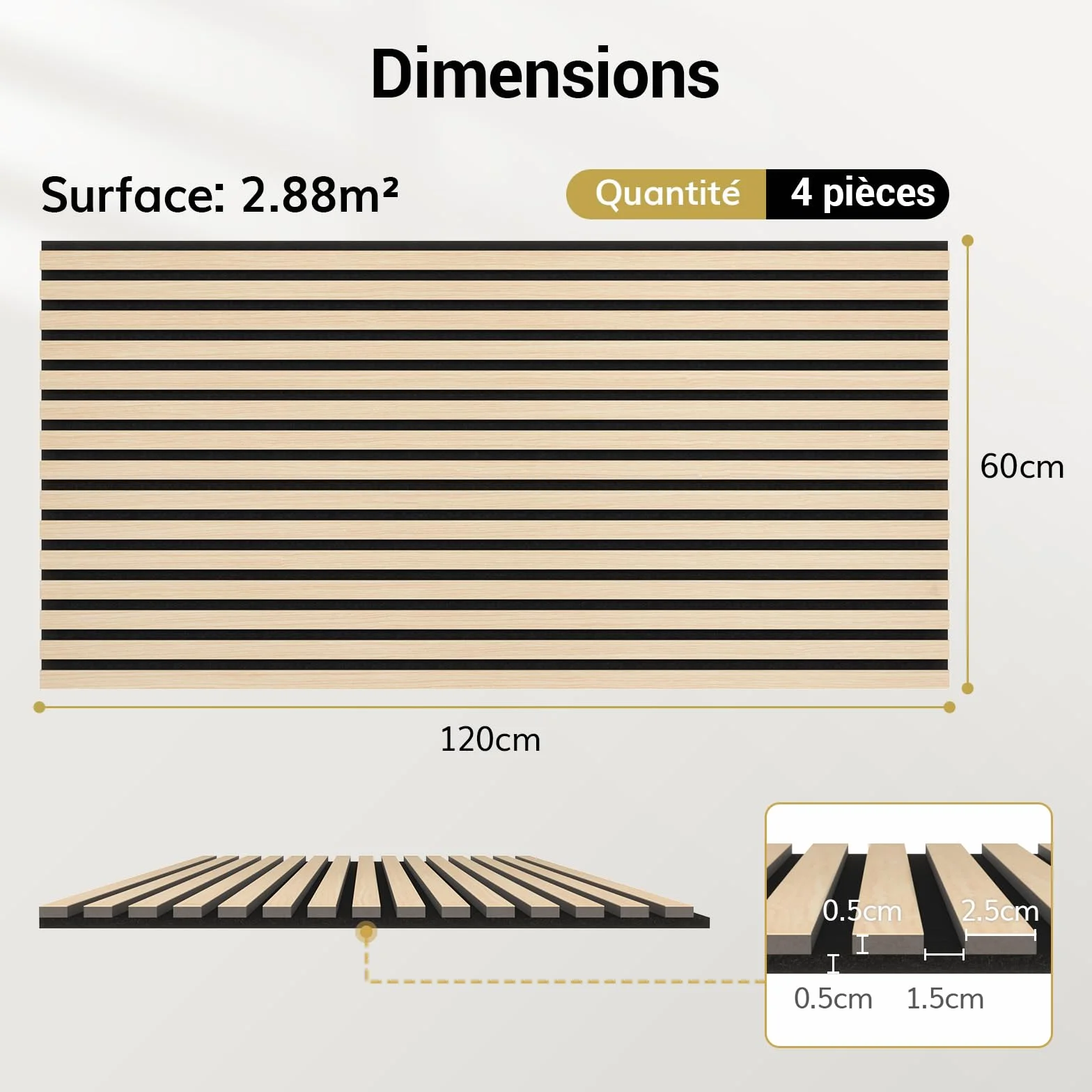 TONOR Panneau Mural Decoratif Bois 120x60cm 2.88㎡ Acoustique 3D Insonorisant Chêne