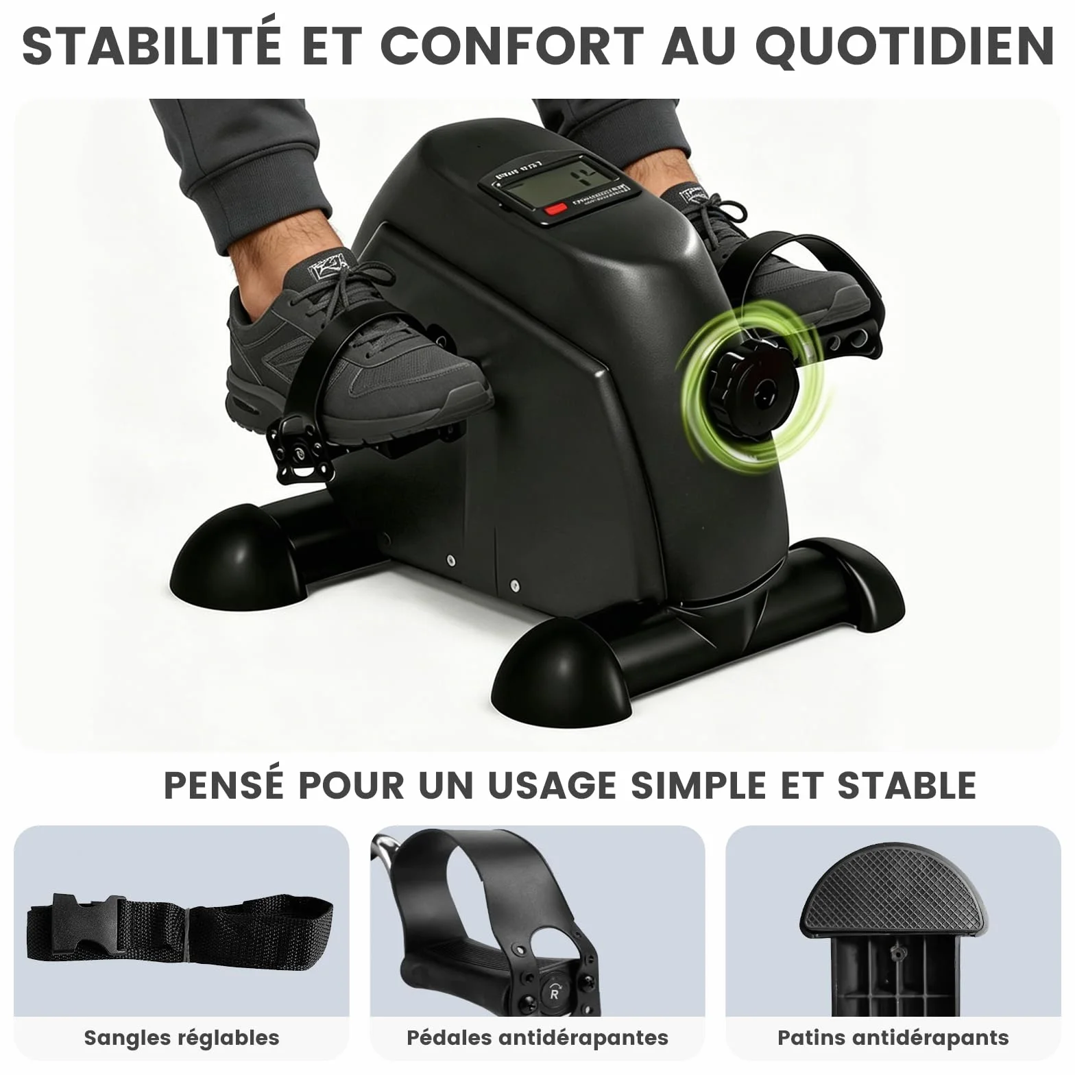 Mini vélo d'exercice pour personnes âgées, pédalier compact portable, rééducation jambes et bras (noir)