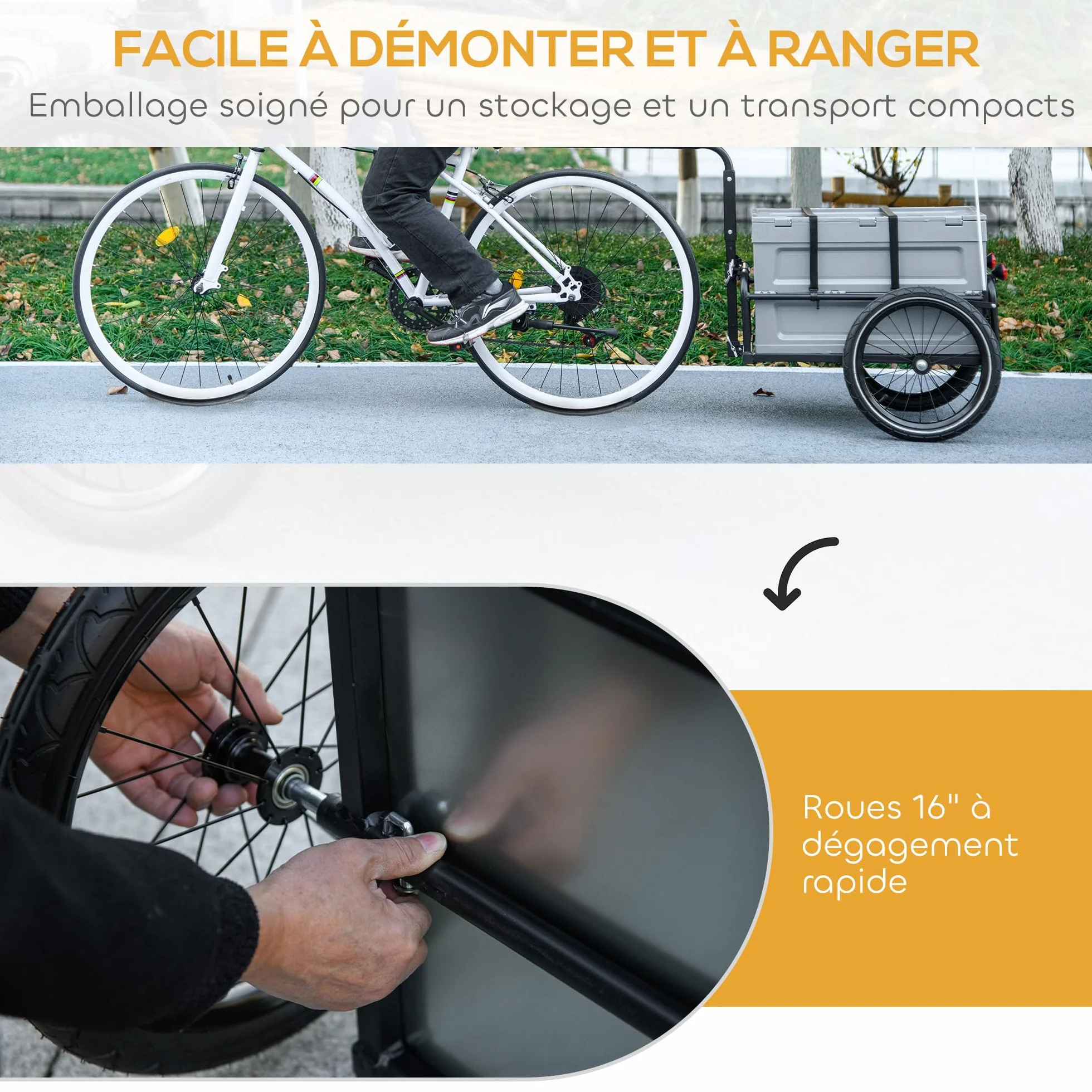 HOMCOM Remorque Chariot à vélo 65L Pliable avec Coffre Amovible, 40KG