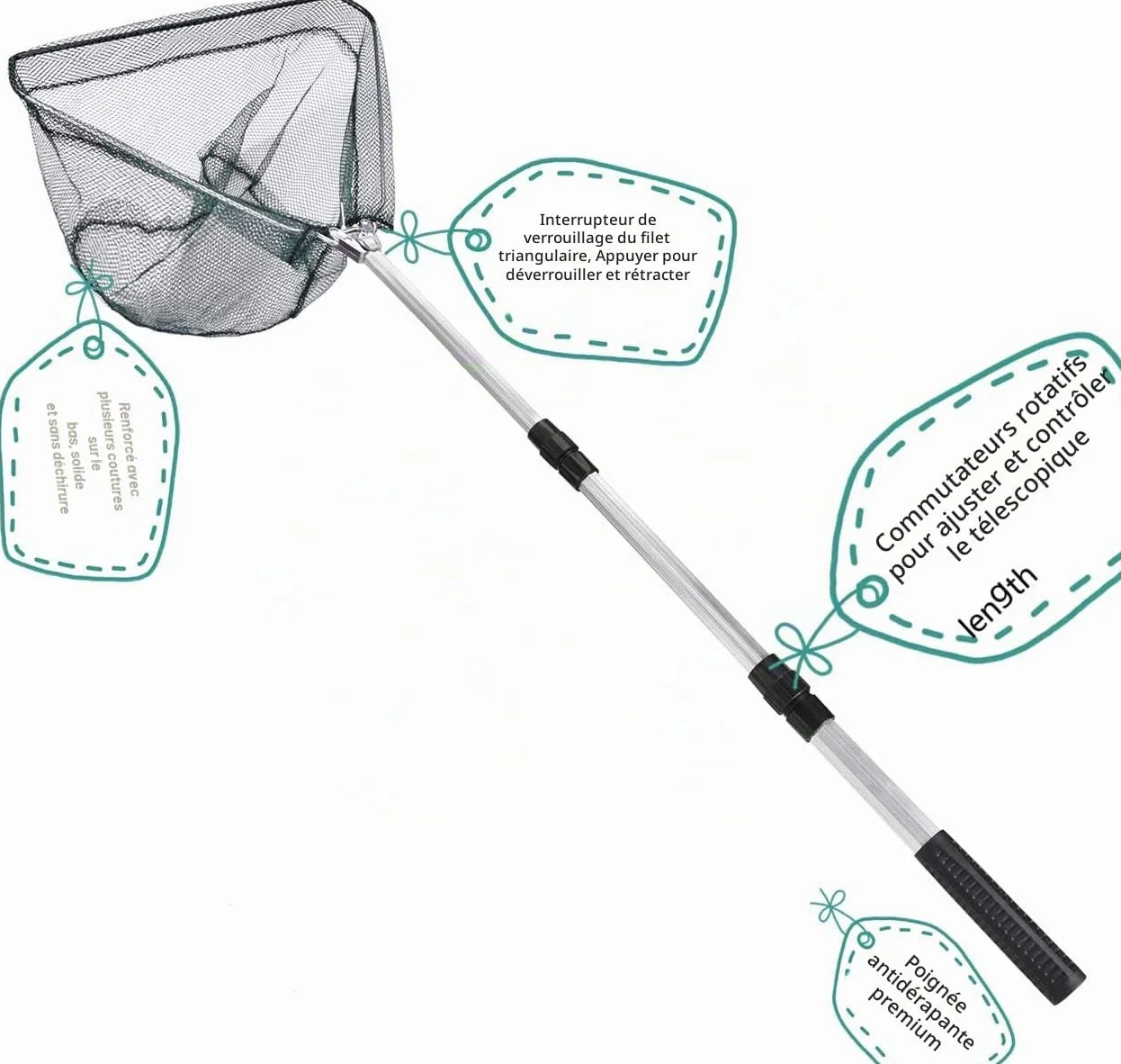 LEcylankEr Épuisette de pêche pliable caoutchoutée manche télescopique 120 cm