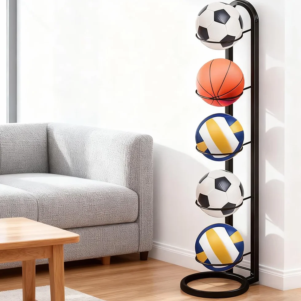 Rangement Ballon 5 Niveaux, Porte Ballon sur Pieds Métal 115.5 × 23.5 cm, Noir