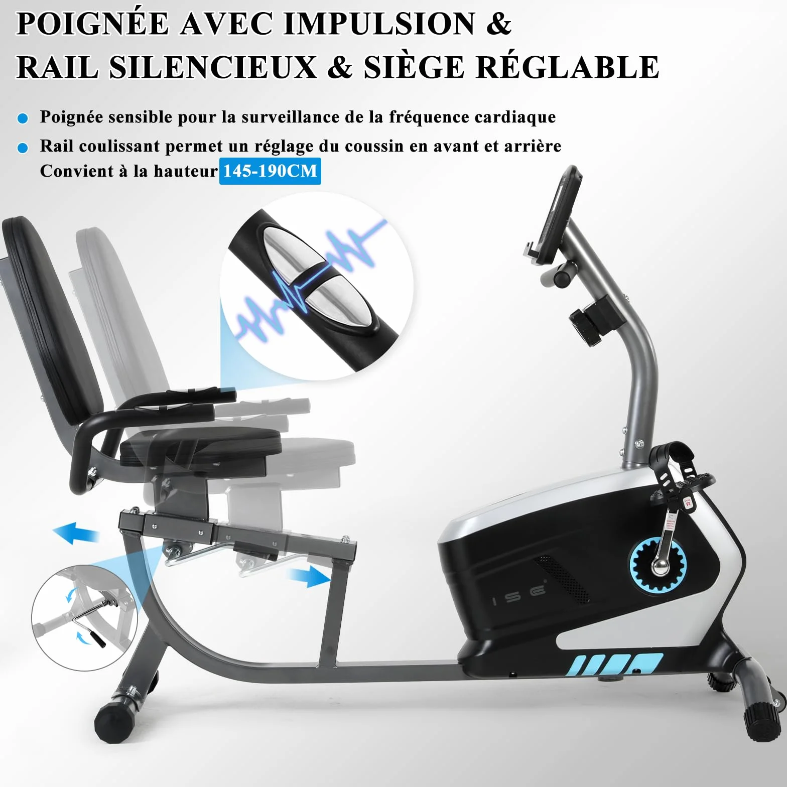Vélo d'Appartement Semi-Allongé Magnétique 8 Niveaux Résistance, ISE Roue Transport, Écran LCD