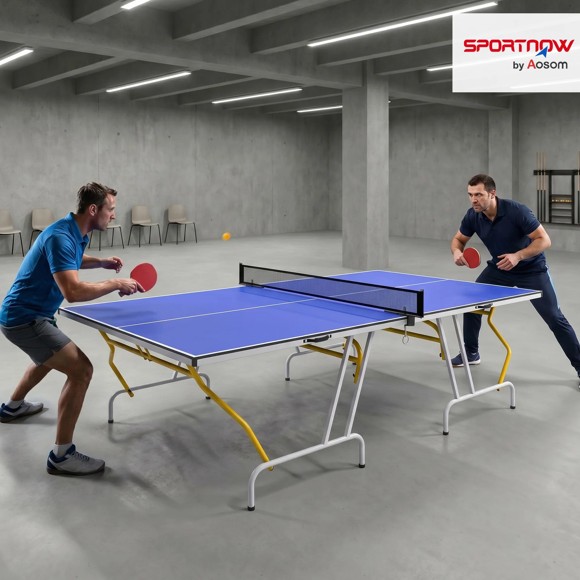SPORTNOW Table de ping Pong Pliable en Quatre, Table de Tennis de Table intérieure, 2 Raquettes, 3 balles et Filet Inclus, 274 x 152,5 x 76 cm, Bleu