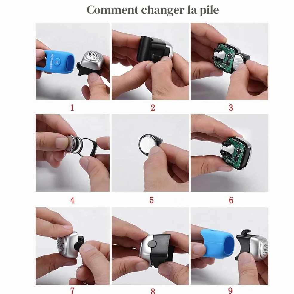 ROCKBROS Sonnettes Électrique Vélo, Klaxon Vélo Électronique, Mini Avertisseur Sonore Cloche E-Bell Étanche Bell 80dB, Universelle Fixation Élastique en Silicone Noir Rouge Bleu