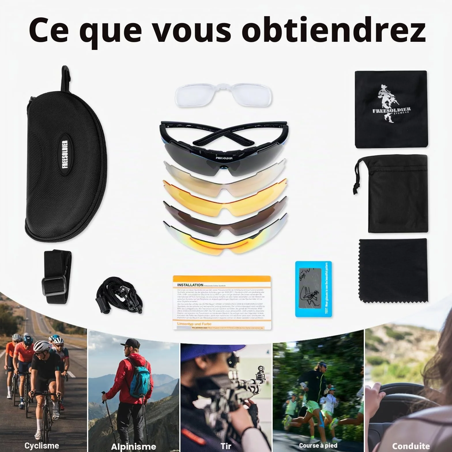 FREE SOLDIER Lunettes Cyclisme anti-UV400 Tactiques Militaires 5 en 1 pour VTT Airsoft Course à Pied Conduite Sports