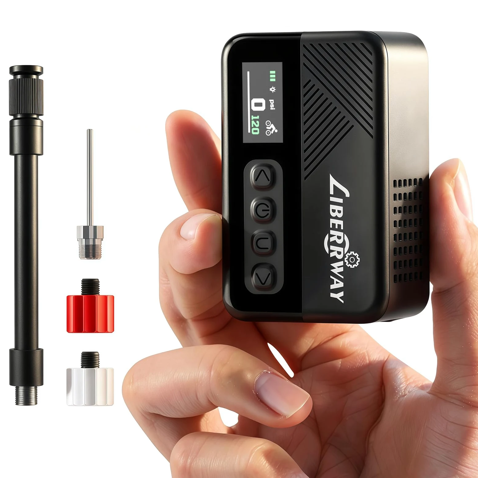 Mini pompe à vélo électrique 120 PSI avec arrêt automatique, manomètre et lumière LED, pompe à vélo portable sans fil pour VTT, vélo électrique, vélos de route/de ville avec valve Presta et Schrader