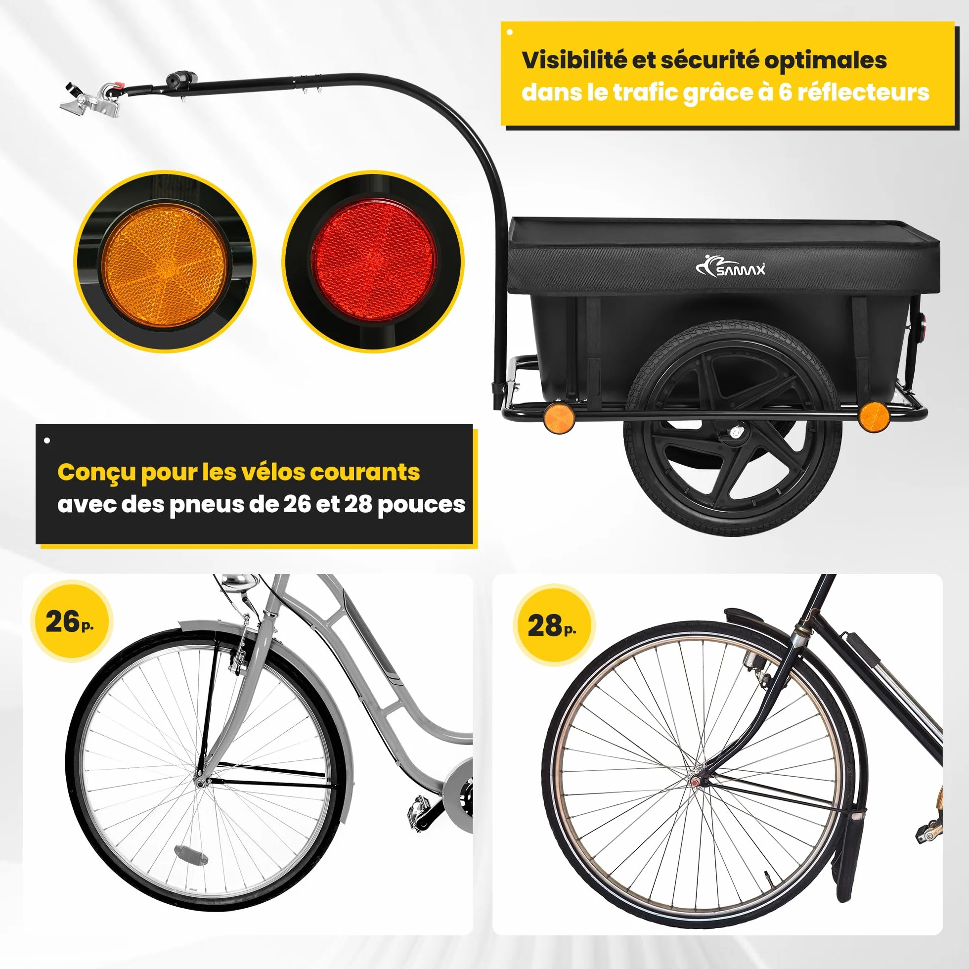 SAMAX Remorque de Vélo Chariot de Transport Haute Traction avec Poignée et Bâche