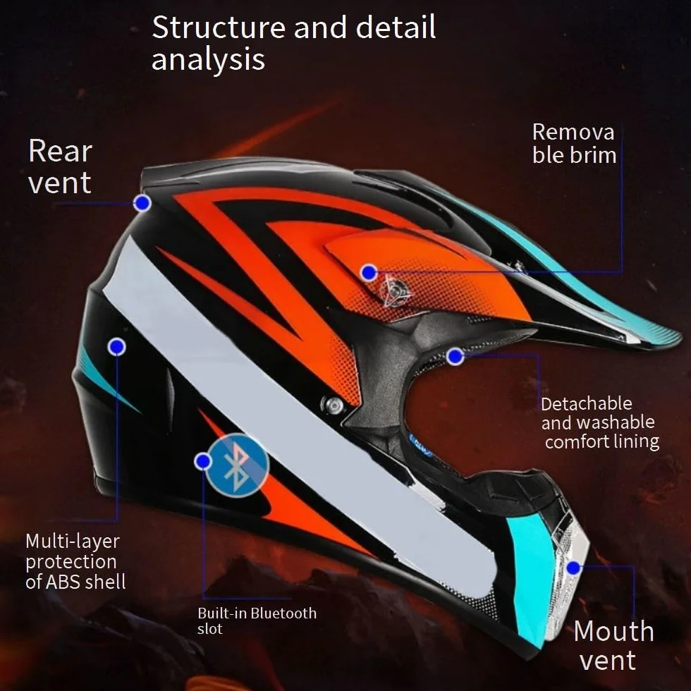Casque Moto Hors Route Enfant avec Gants Lunettes Masque, MTB VTT BMX Descente Cross, Unisexe