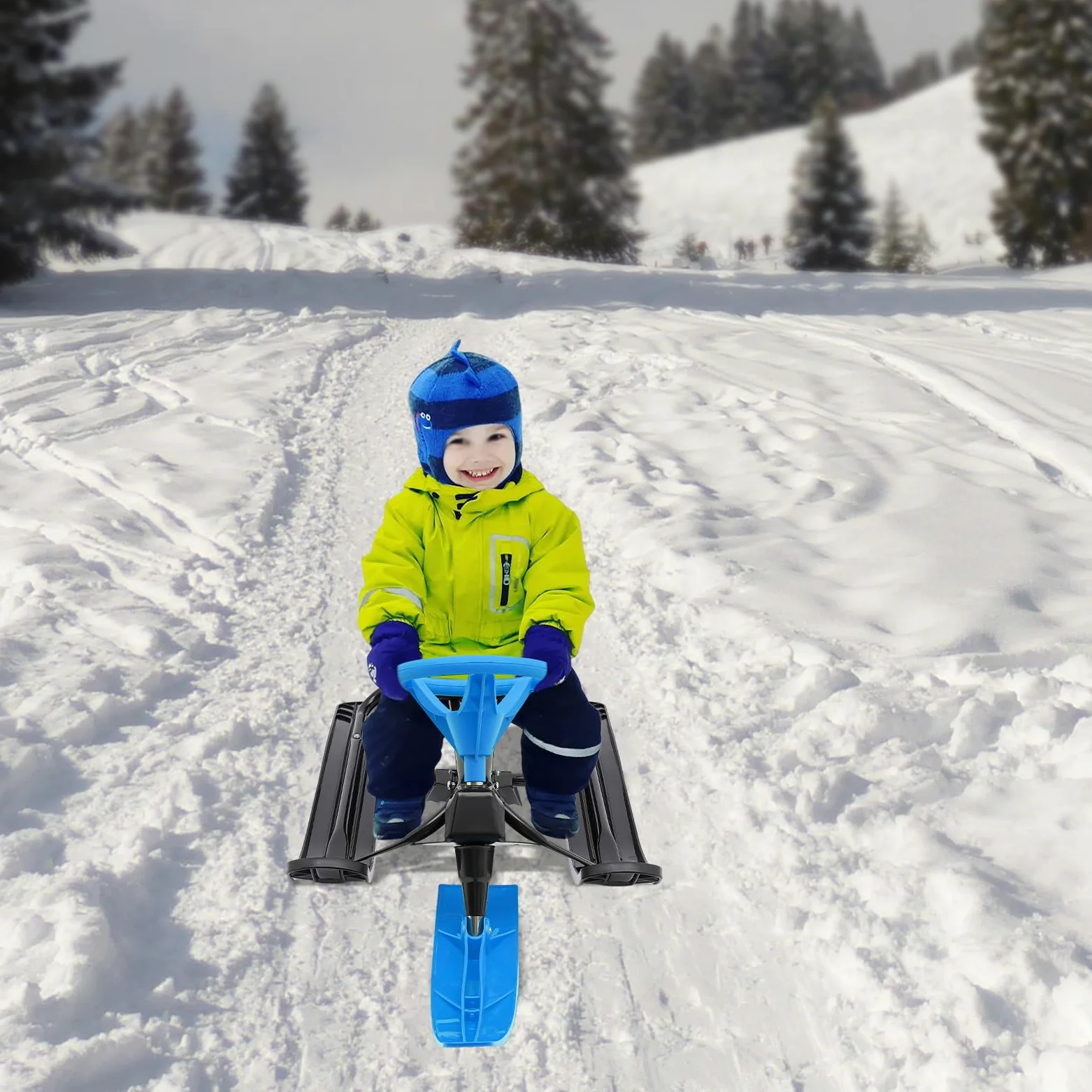 Luge de direction pour enfants et adultes avec volant, freins à pied, siège rembourré, cadre en métal, jusqu'à 100 kg