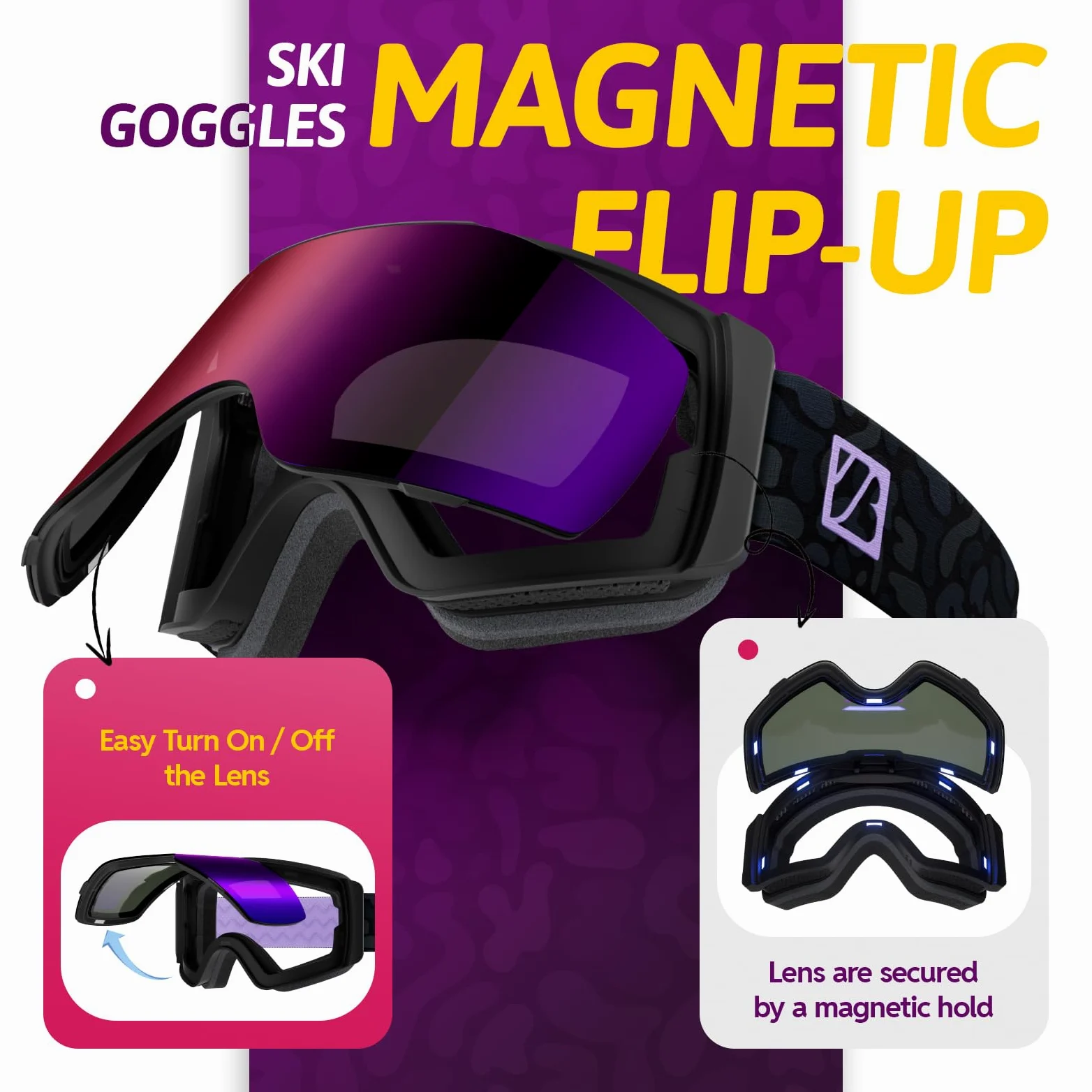 JUBAO Lunettes de ski Flip-Up pour homme et femme, anti-buée, magnétique, OTG pour désembuage instantané, protection UV400