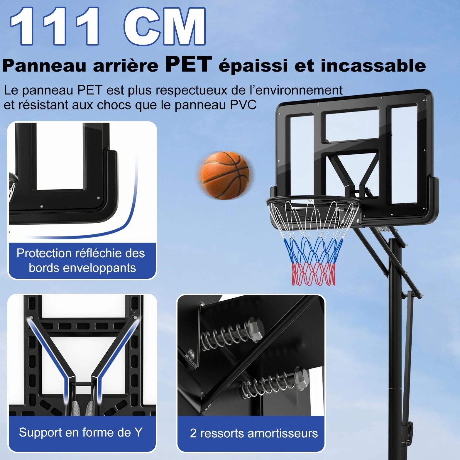 COSTWAY Panier de Basket-Ball Hauteur Réglable 145-305cm, Support Portable à Roulettes avec Base Remplissable, Panneau Arrière 111cm