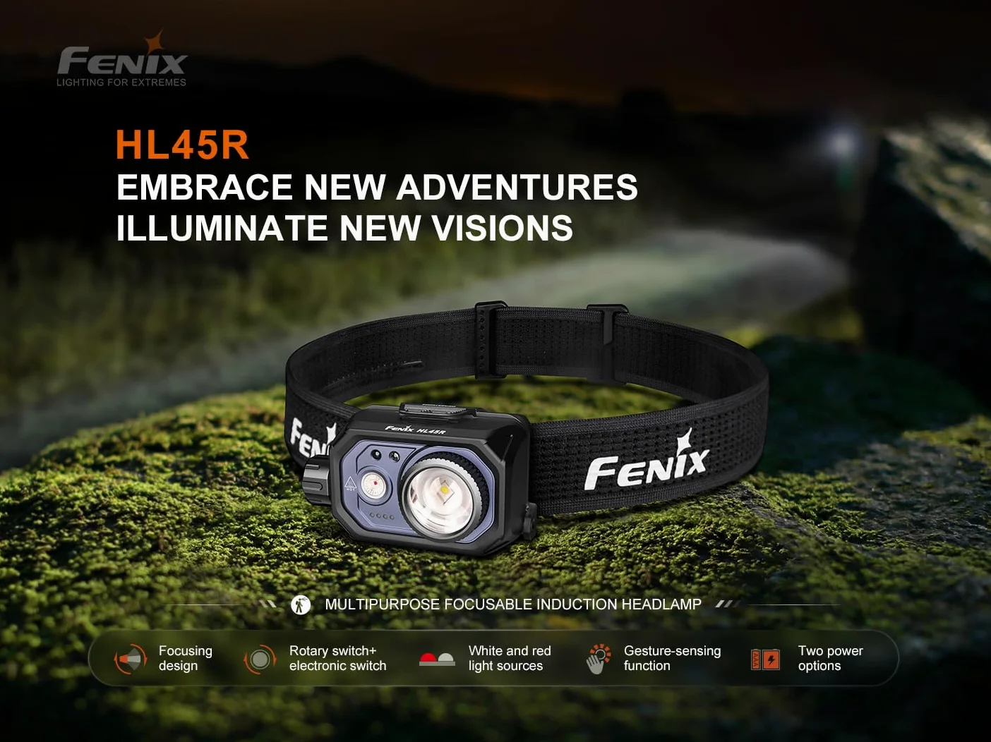 Fenix HL45R Lampe frontale LED rechargeable, 1000 lumens, zoom clair, 220 m, rechargeable USB-C, 3 piles AAA Dual Fuel, détection des gestes, commande rotative, lampe frontale étanche IP66, camping