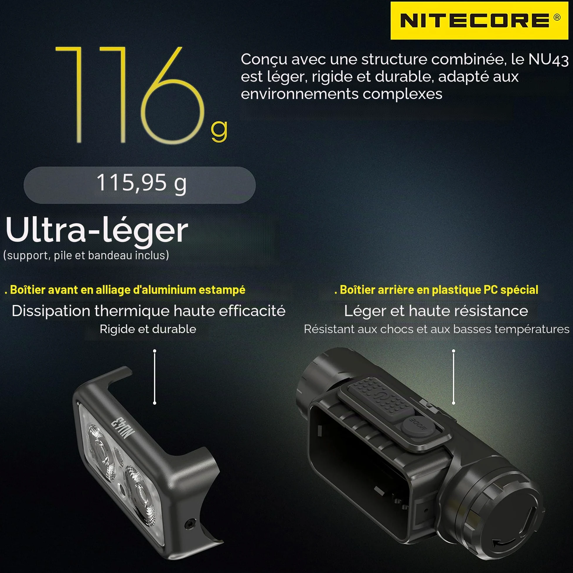 Nitecore NU43 Lampe frontale légère 1400 lumens avec batterie 3400 mAh rechargeable USB-C