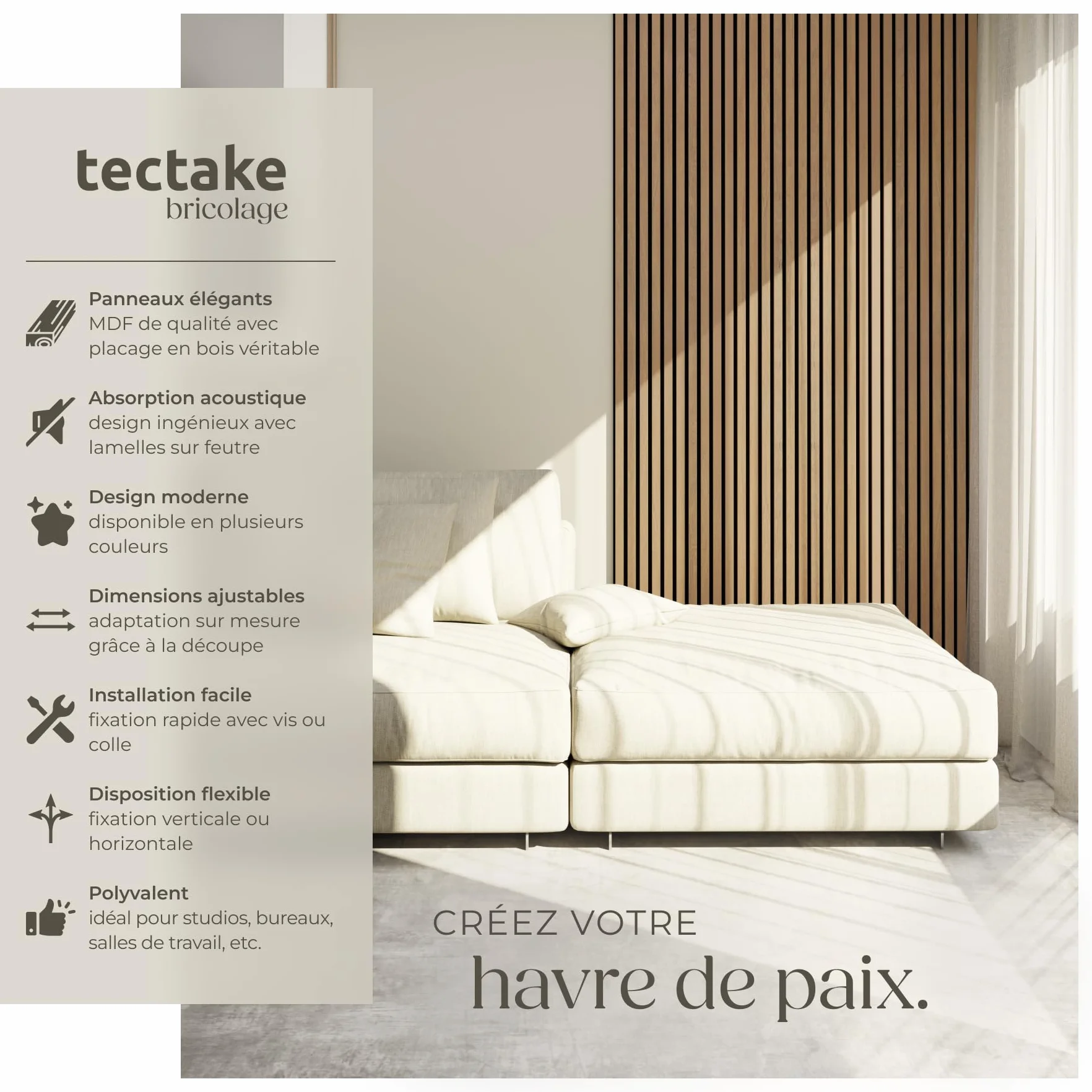 Tectake Lot de 2 panneaux acoustiques muraux MDF 120x60x2,1 cm isolation phonique décoration murale