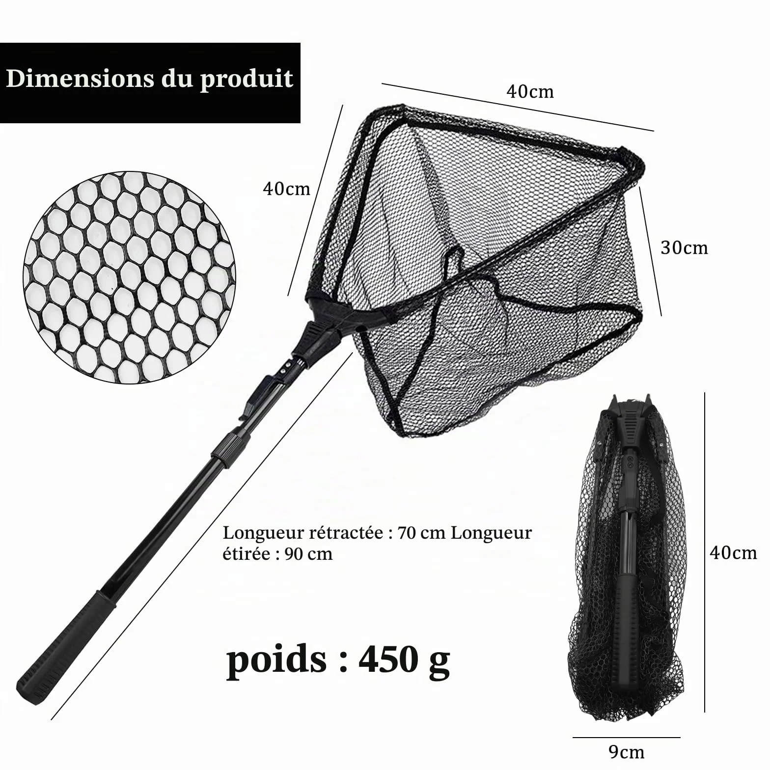 Épuisette de Pêche Pliable, Épuisette Pêche Pliable avec Poignée Télescopique, Longueur Réglable pour Kayak Salmon Chat Basse Étang et Piscine (Noir)