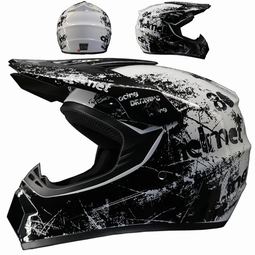 Casque de Motocross Double Sport Jeunesse Enfants Intégral Tout-Terrain Moto avec Lunettes Gants Masque