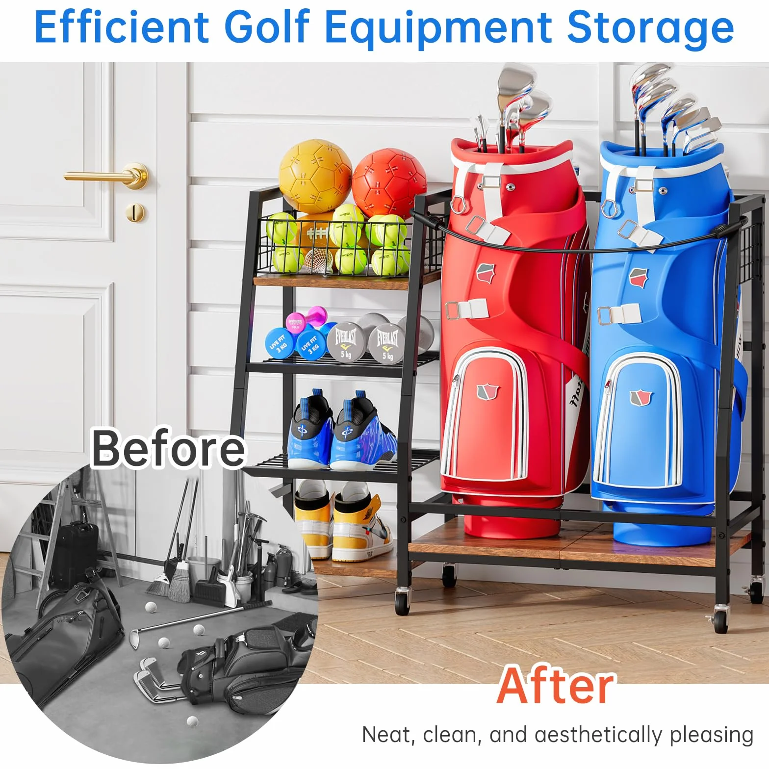Support de Rangement pour Clubs de Golf avec Roulettes, Organisateur Robuste pour Sacs de Golf