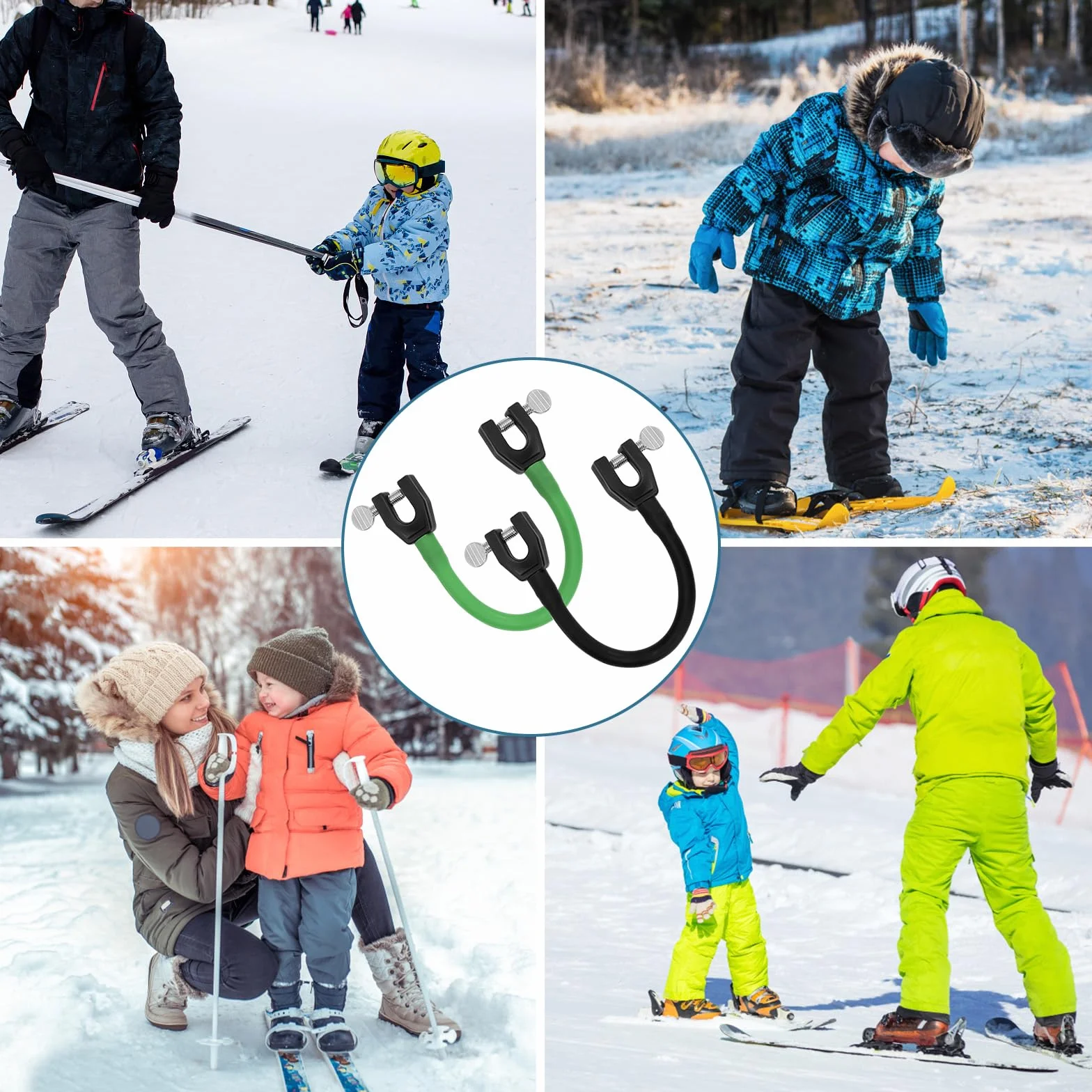 Connecteurs de Pointe de Ski pour Enfants, Connecteur de Ski avec 4 Entretoises, Aide à l'Entraînement au Ski pour Débutants (Noir, Vert Foncé)