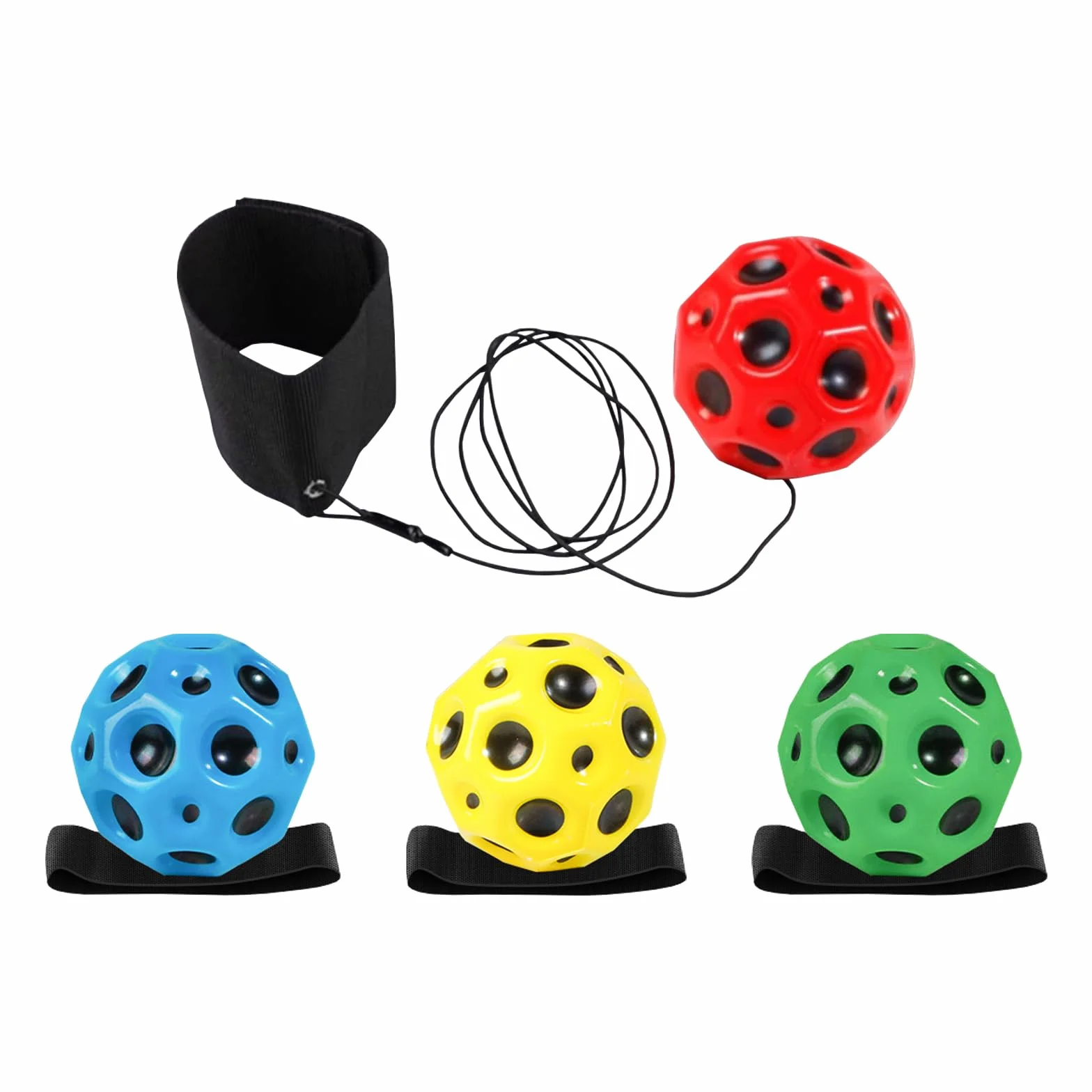 Lot de 4 balles de lancement à rebond élevé, boule de poignet élastique pour entraînement de réactivité et coordination œil-main