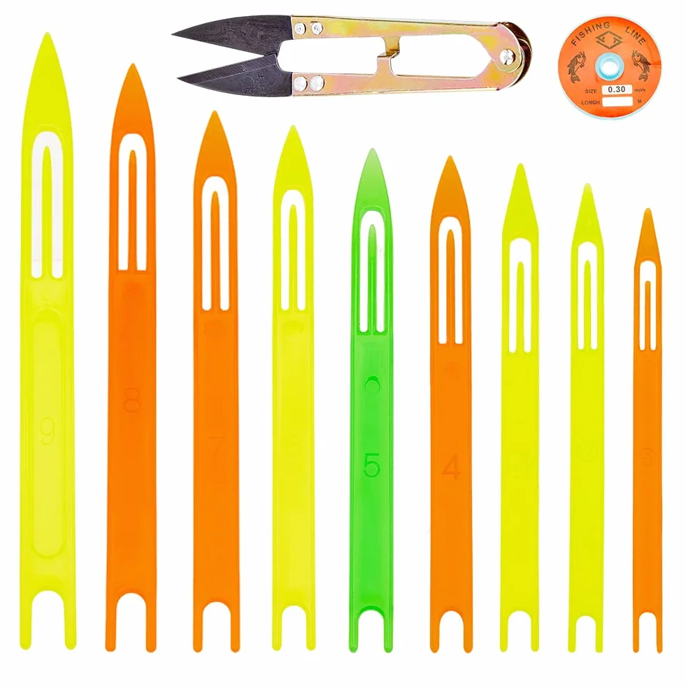 SUPERFINDINGS Kits de Réparation D'Aiguilles pour Filets de Pêche Comprenant 9 Tailles Aiguille à Filet en Plastique, 1 navettes en Acier Tranchant 1 Rouleaux de Fil de Pêche Transparent Fil de Nylon