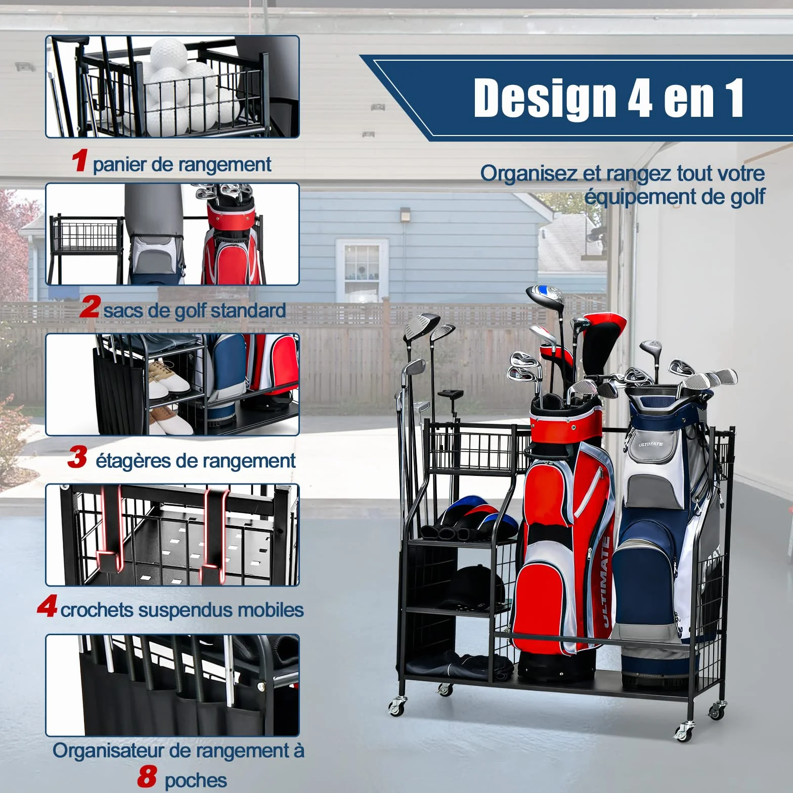 COSTWAY Support de Rangement pour Sac de Golf avec Roues Universelles Verrouillables, Organisateur de Stockage en Métal pour Accessoires Golf avec Étagère et 4 Crochets