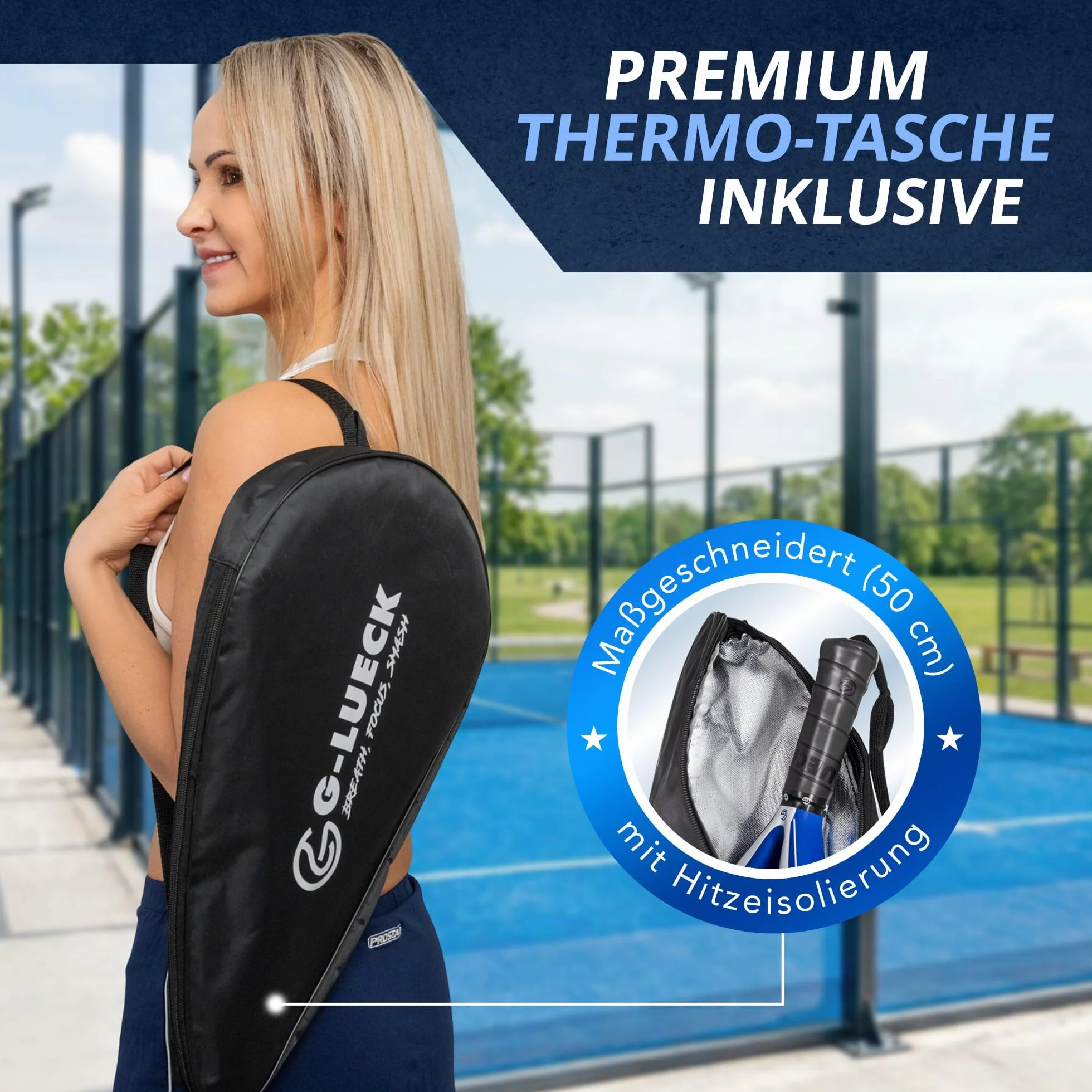 Raquette de Padel Iron Hand 3K Carbone Ronde Contrôle Puissance Cadre Carbone Renforcé Bleue Housse Incluse