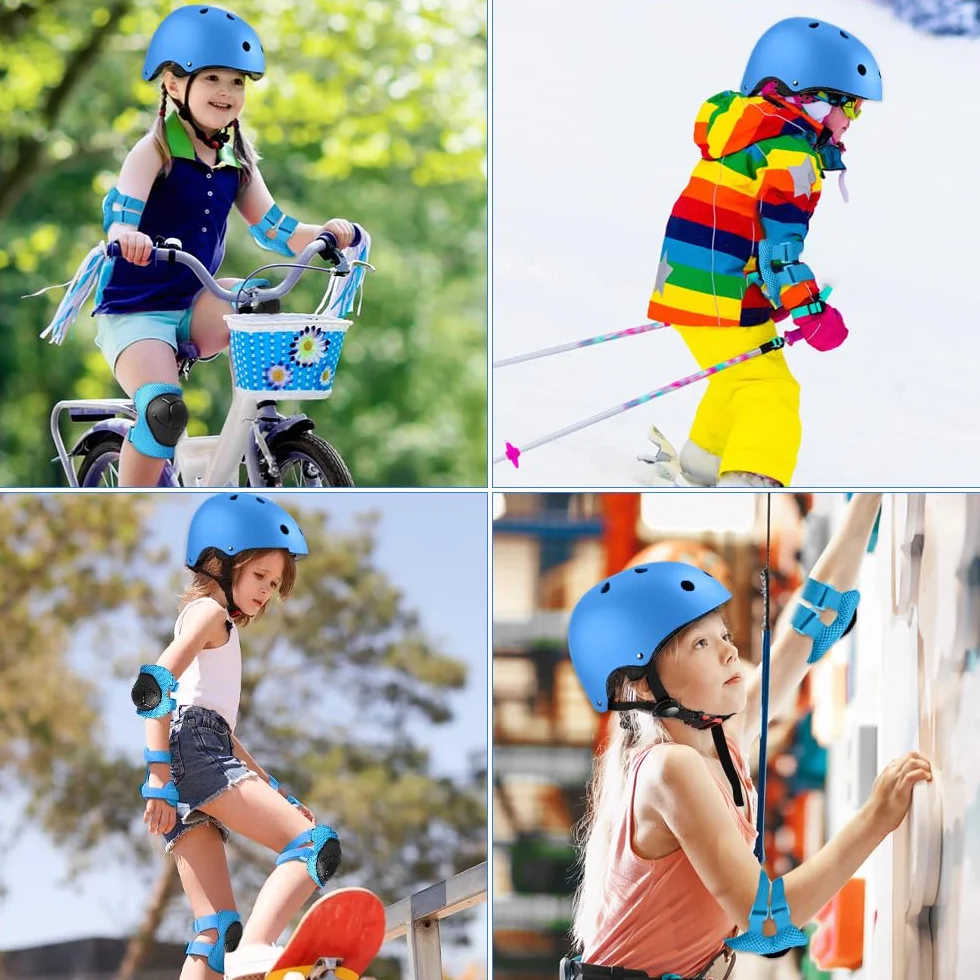 Mizikuu Protection Roller Enfant 7 en 1 Casque Vélo Enfant Kit Réglables Coudières Genouillère Protège Poignets Bleu