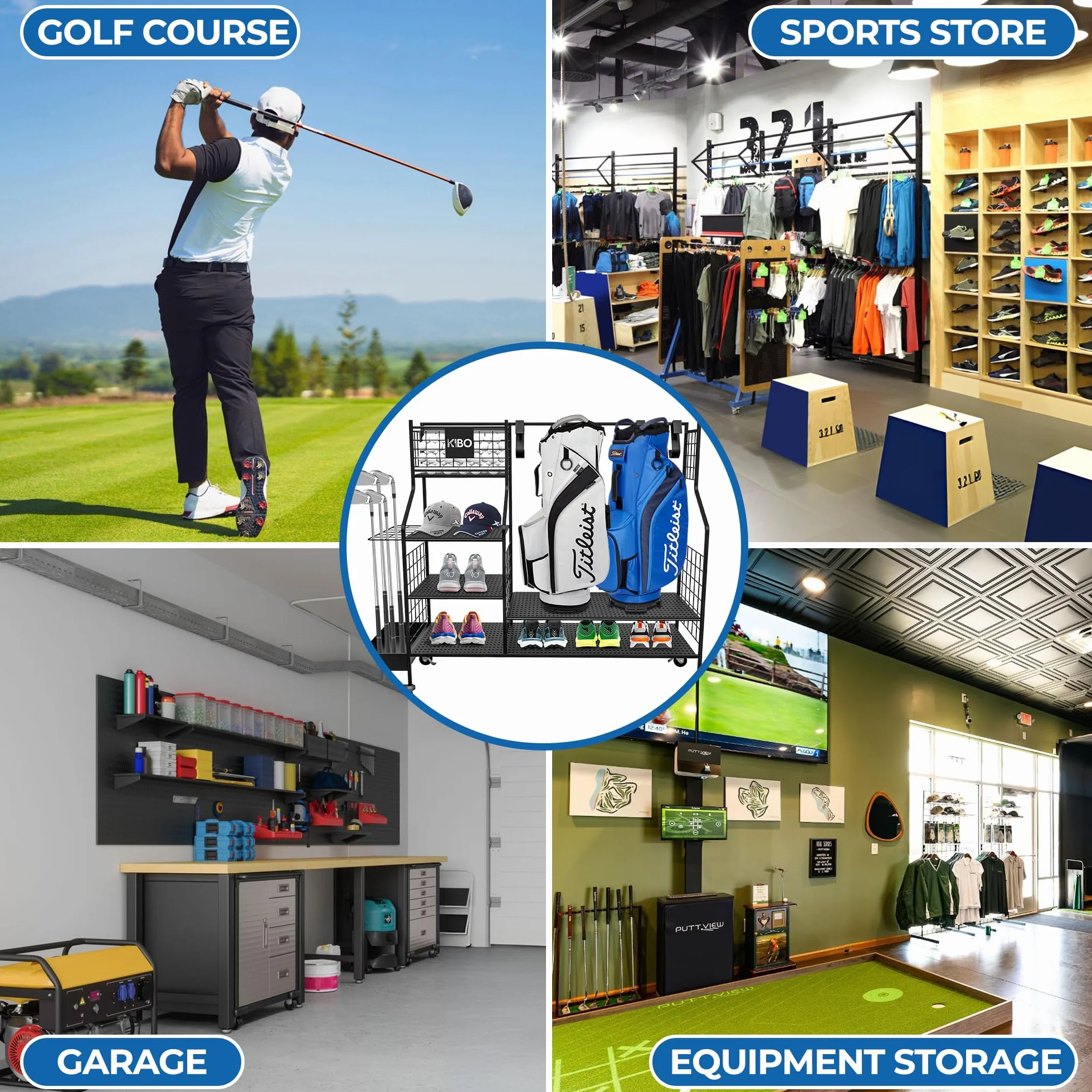 KIBO Organiseur de golf – Support de rangement noir avec roulettes, présentoir de garage pour accessoires de golf
